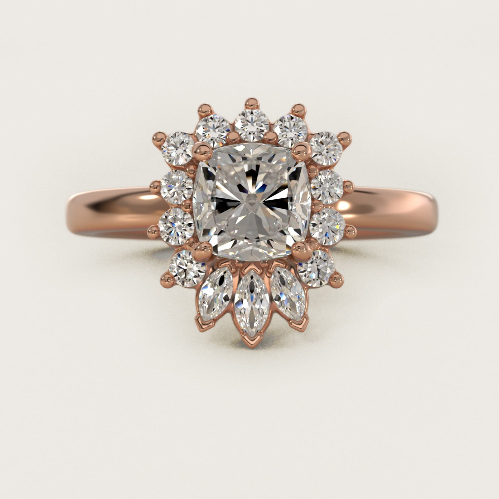 Pear Marquise and Round Ballerina Halo Diamond Engagement Ring in 18k Rose Gold - Cushion Center