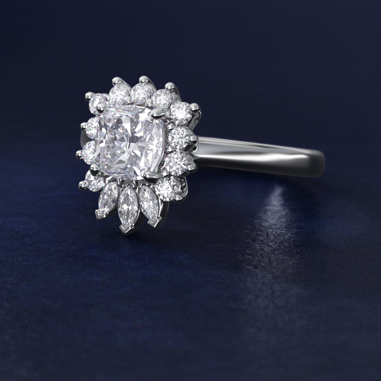 Pear Marquise and Round Ballerina Halo Diamond Engagement Ring in 14k White Gold - Cushion Center