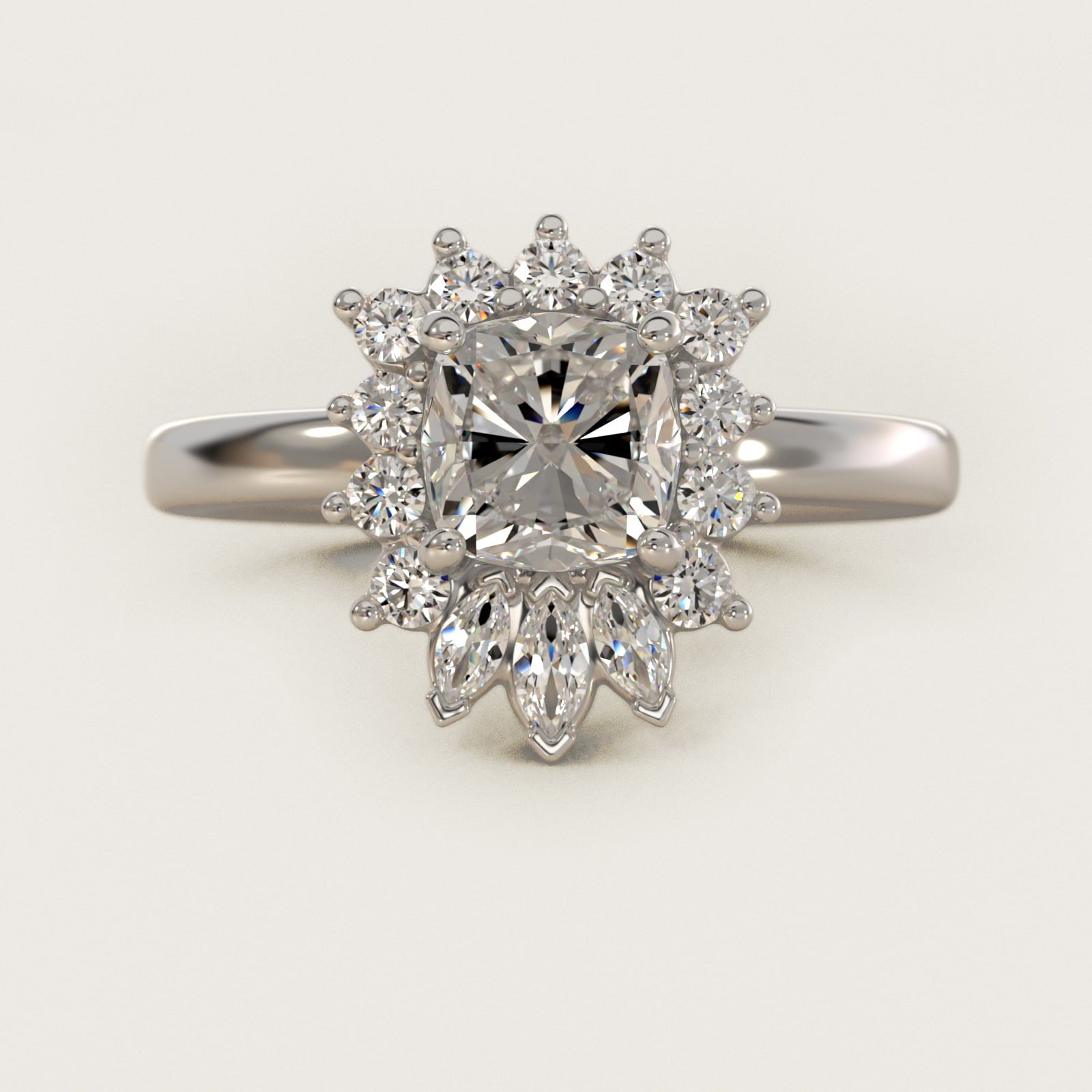 Pear Marquise and Round Ballerina Halo Diamond Engagement Ring in 14k White Gold - Cushion Center