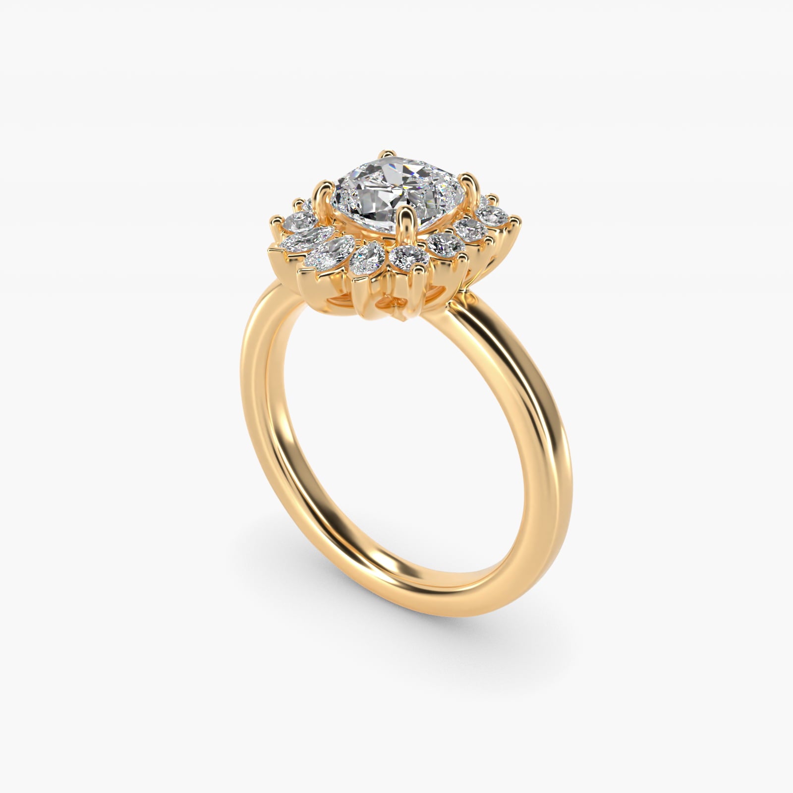 Pear Marquise and Round Ballerina Halo Diamond Engagement Ring in 14k Yellow Gold - Cushion Center