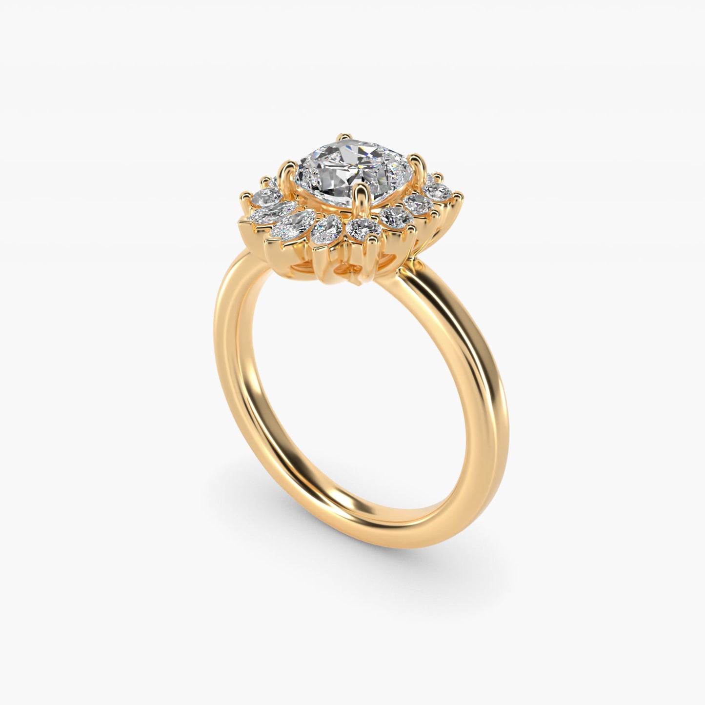 Pear Marquise and Round Ballerina Halo Diamond Engagement Ring in 18k Yellow Gold - Cushion Center