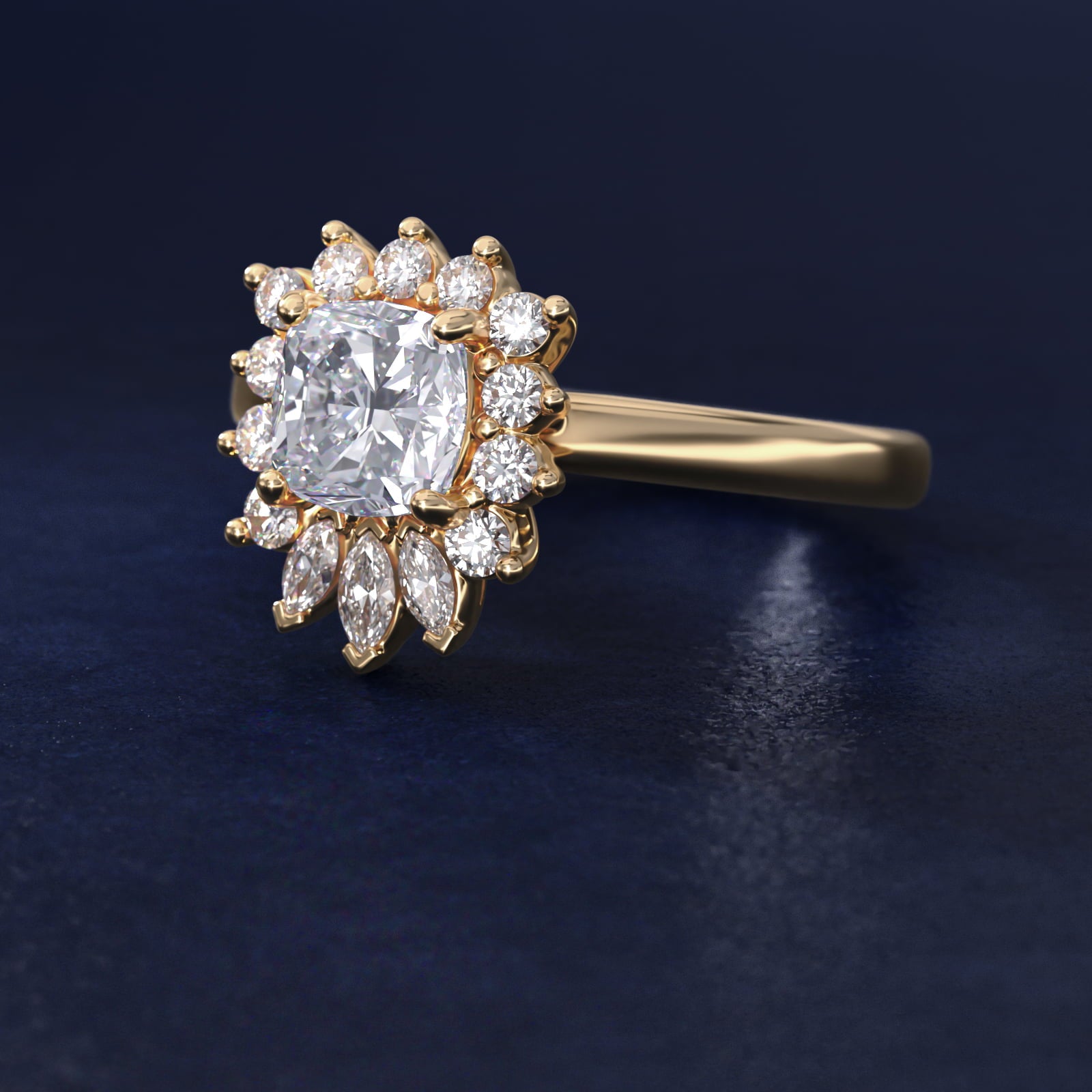Pear Marquise and Round Ballerina Halo Diamond Engagement Ring in 18k Yellow Gold - Cushion Center