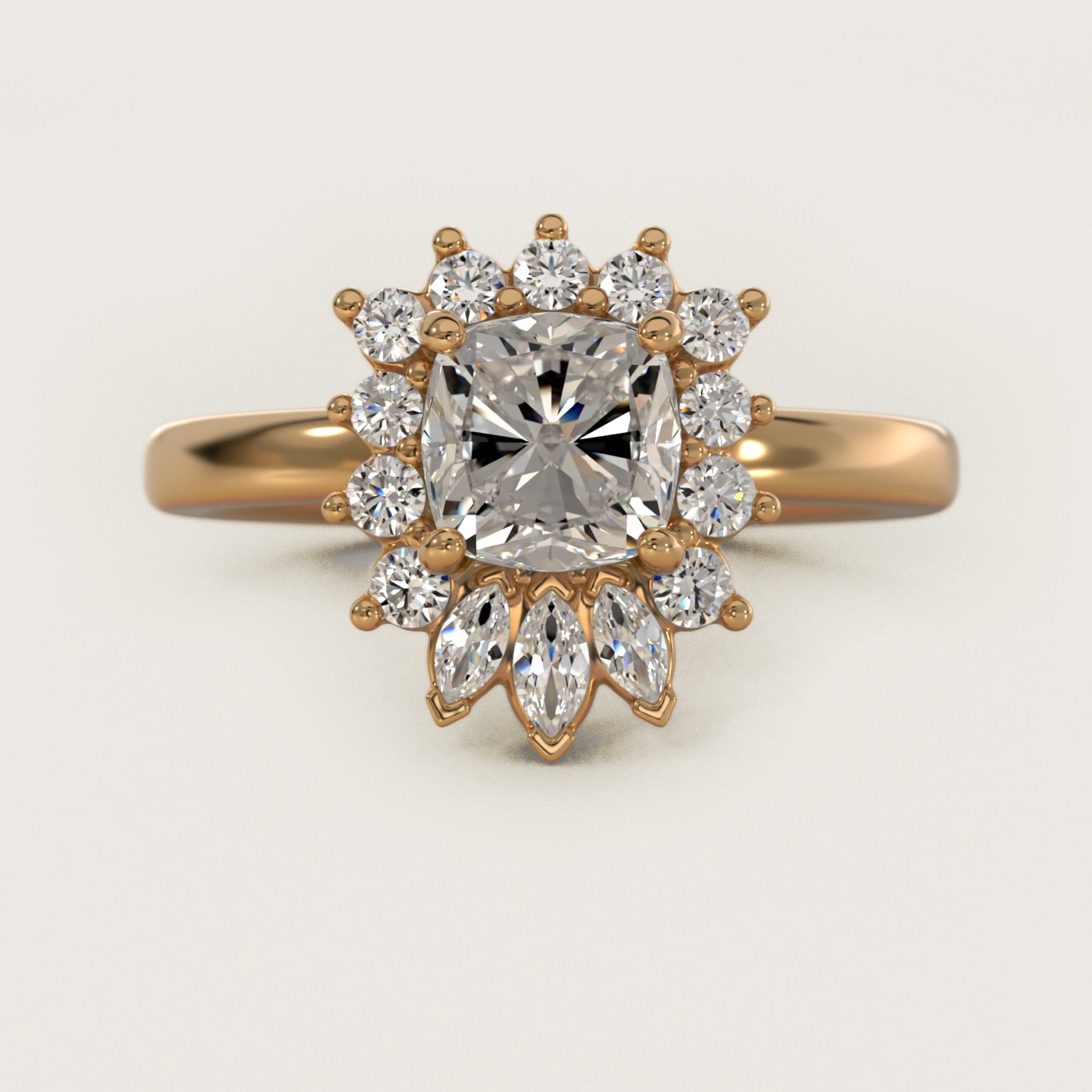 Pear Marquise and Round Ballerina Halo Diamond Engagement Ring in 18k Yellow Gold - Cushion Center