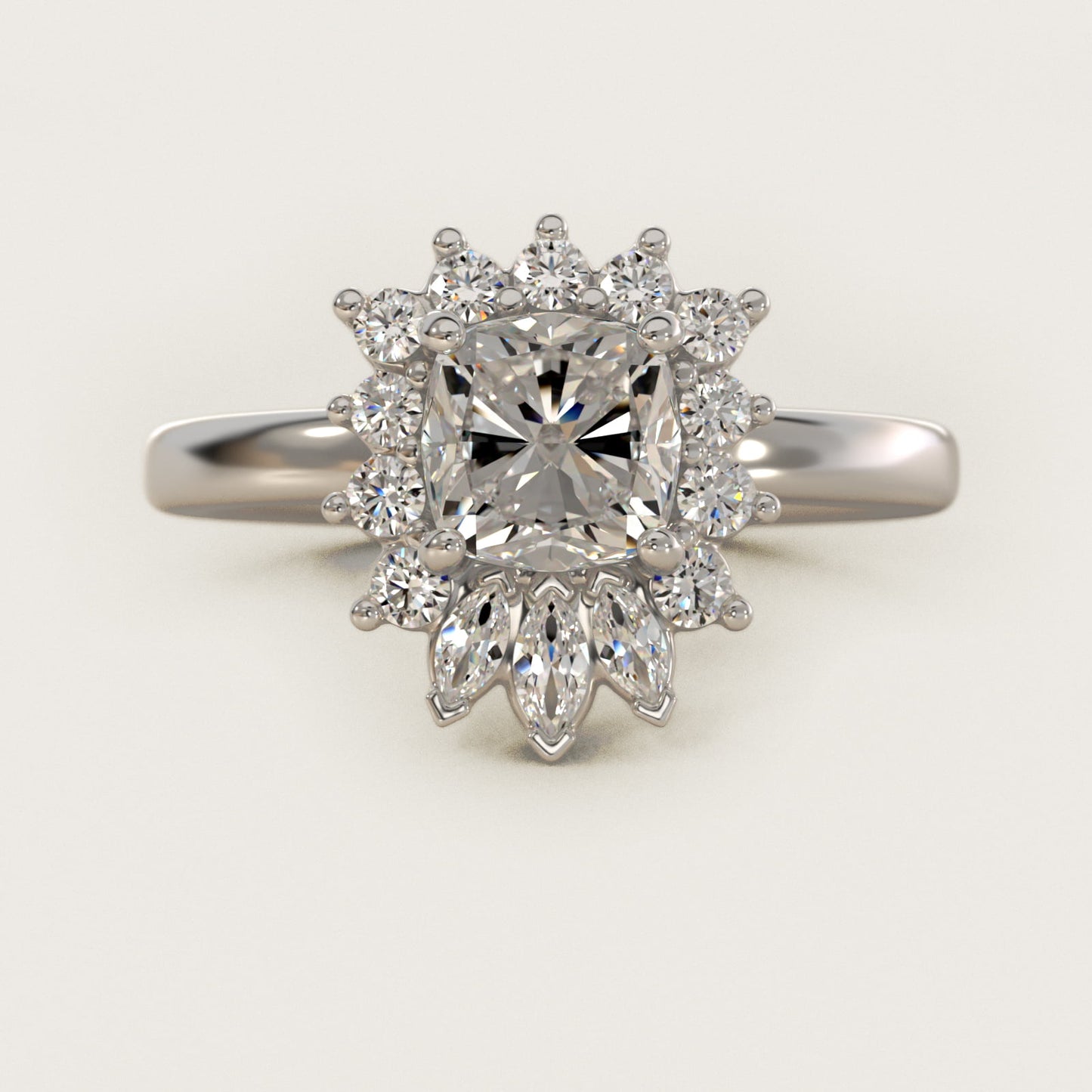 Pear Marquise and Round Ballerina Halo Diamond Engagement Ring in Platinum - Cushion Center
