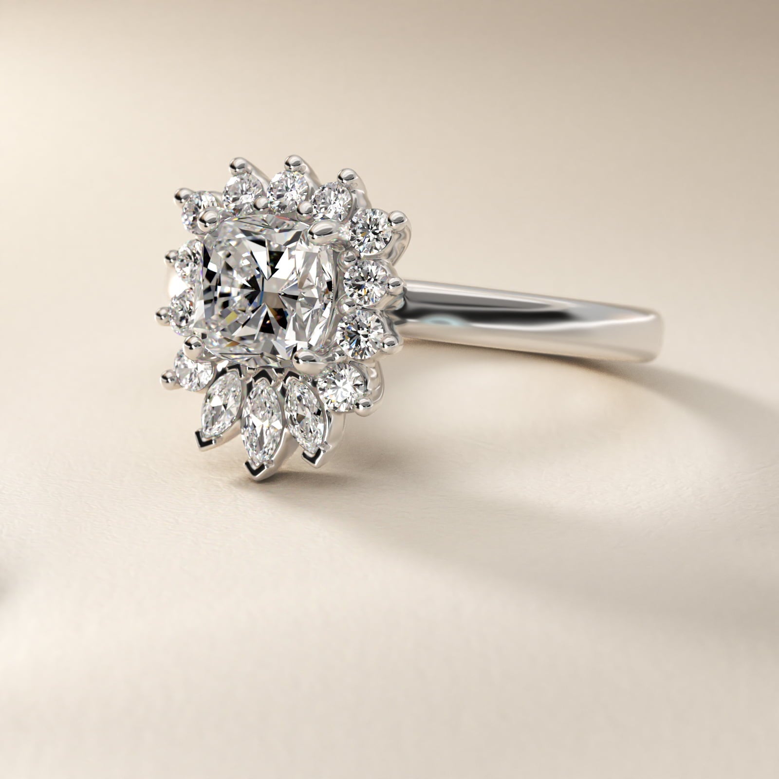 Pear Marquise and Round Ballerina Halo Diamond Engagement Ring in Platinum - Cushion Center