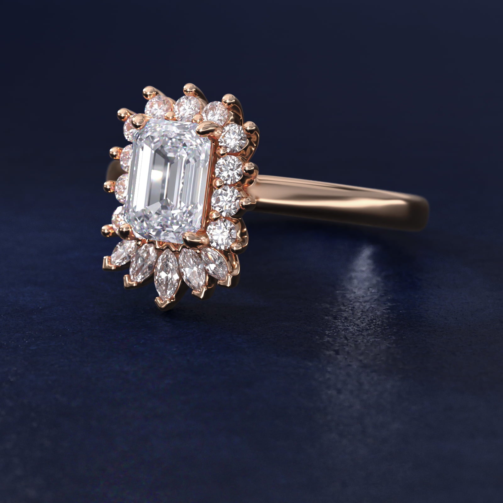 Pear Marquise and Round Ballerina Halo Diamond Engagement Ring in 18k Rose Gold - Emerald Center