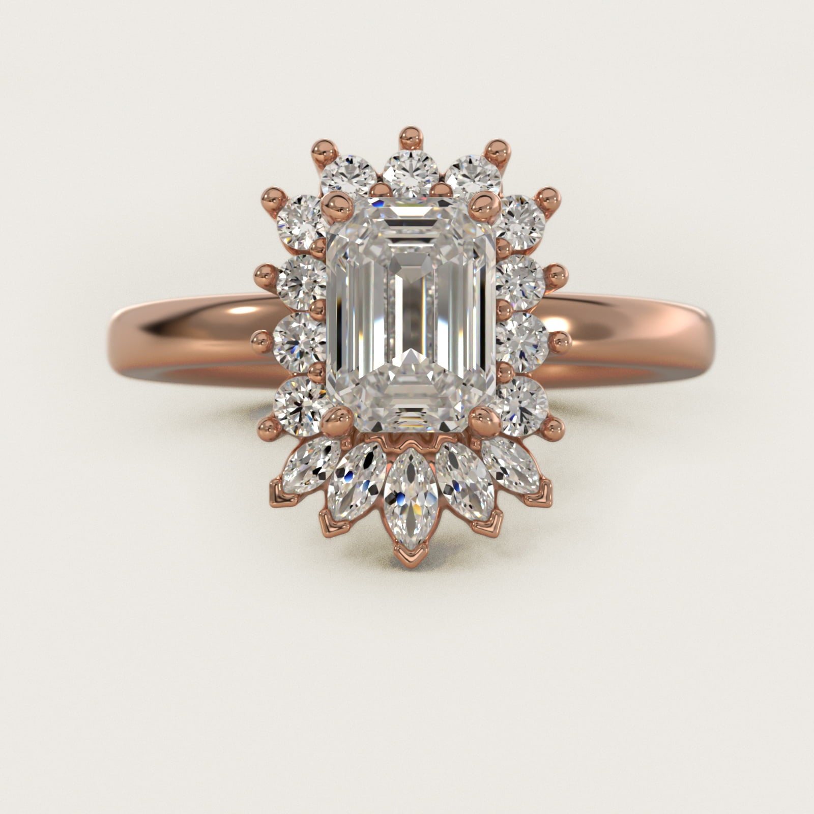 Pear Marquise and Round Ballerina Halo Diamond Engagement Ring in 14k Rose Gold - Emerald Center
