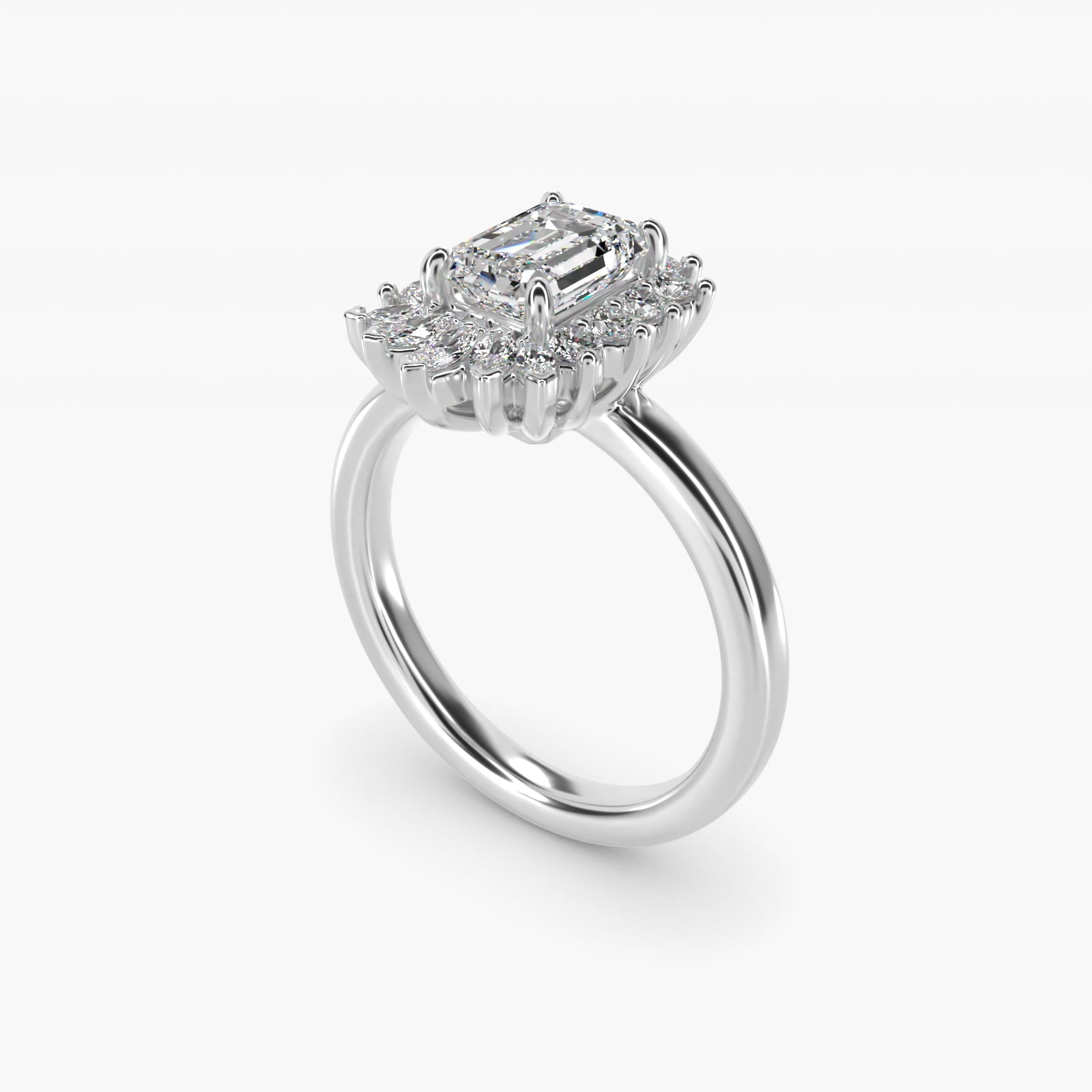 Pear Marquise and Round Ballerina Halo Diamond Engagement Ring in 18k White Gold - Emerald Center