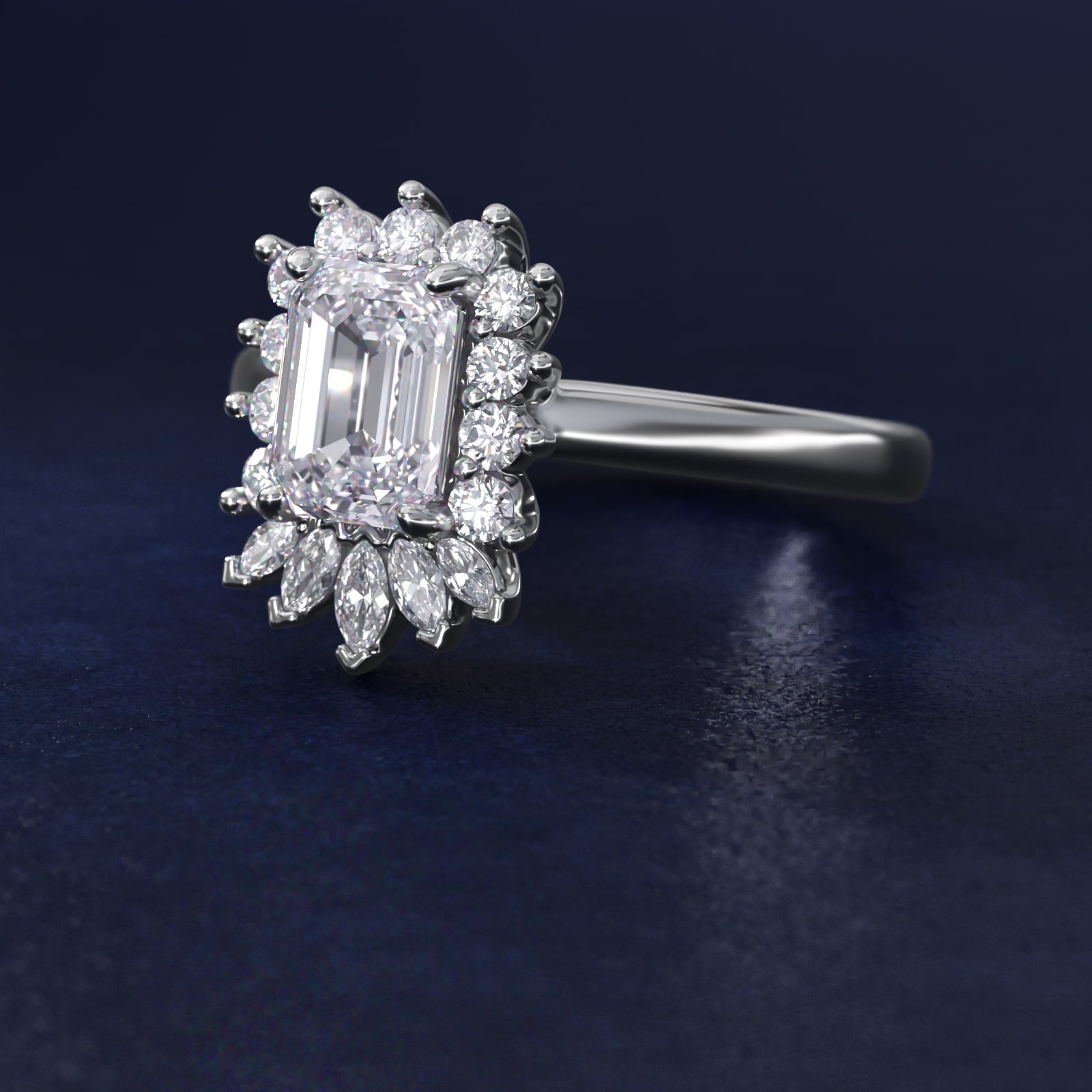 Pear Marquise and Round Ballerina Halo Diamond Engagement Ring in 14k White Gold - Emerald Center