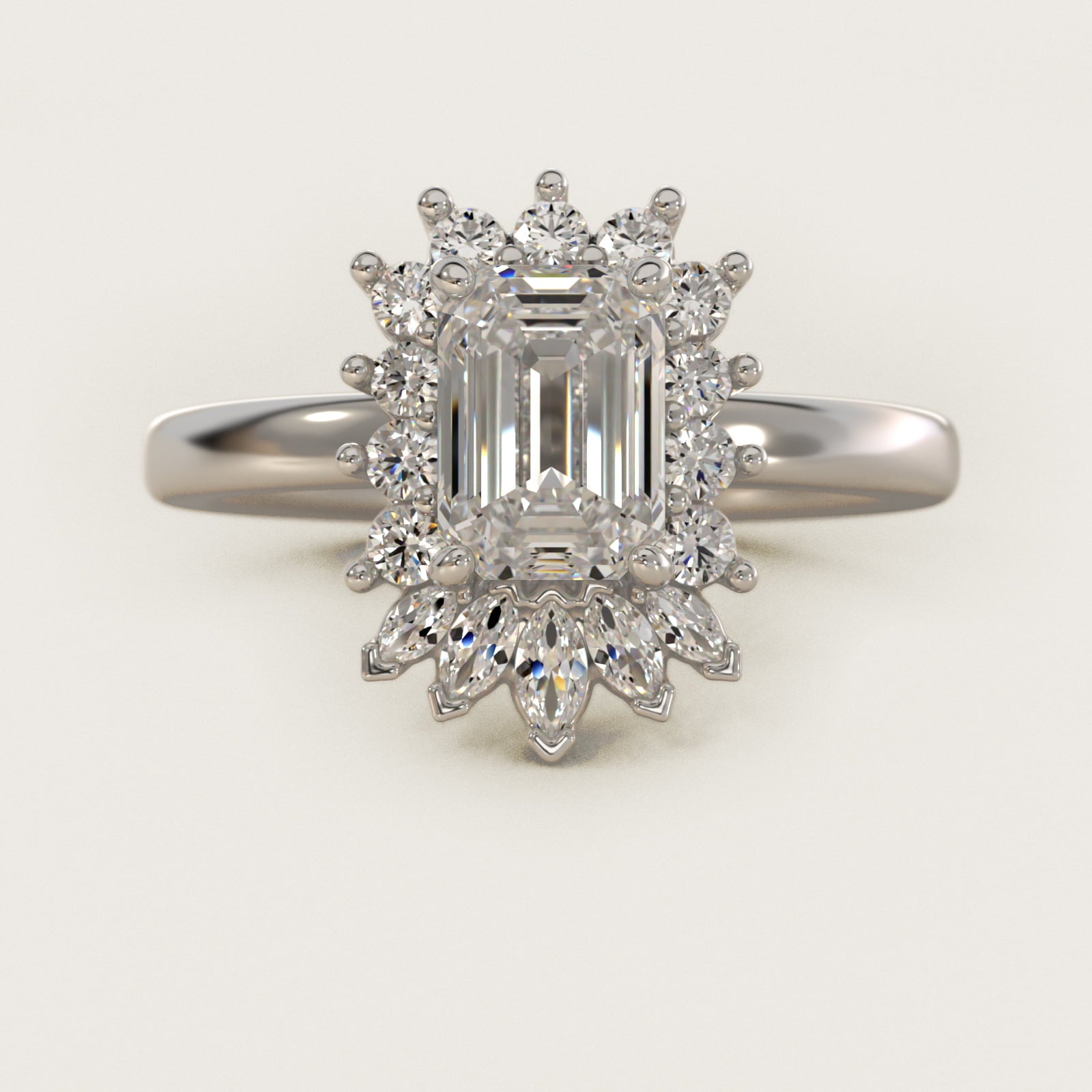 Pear Marquise and Round Ballerina Halo Diamond Engagement Ring in 18k White Gold - Emerald Center