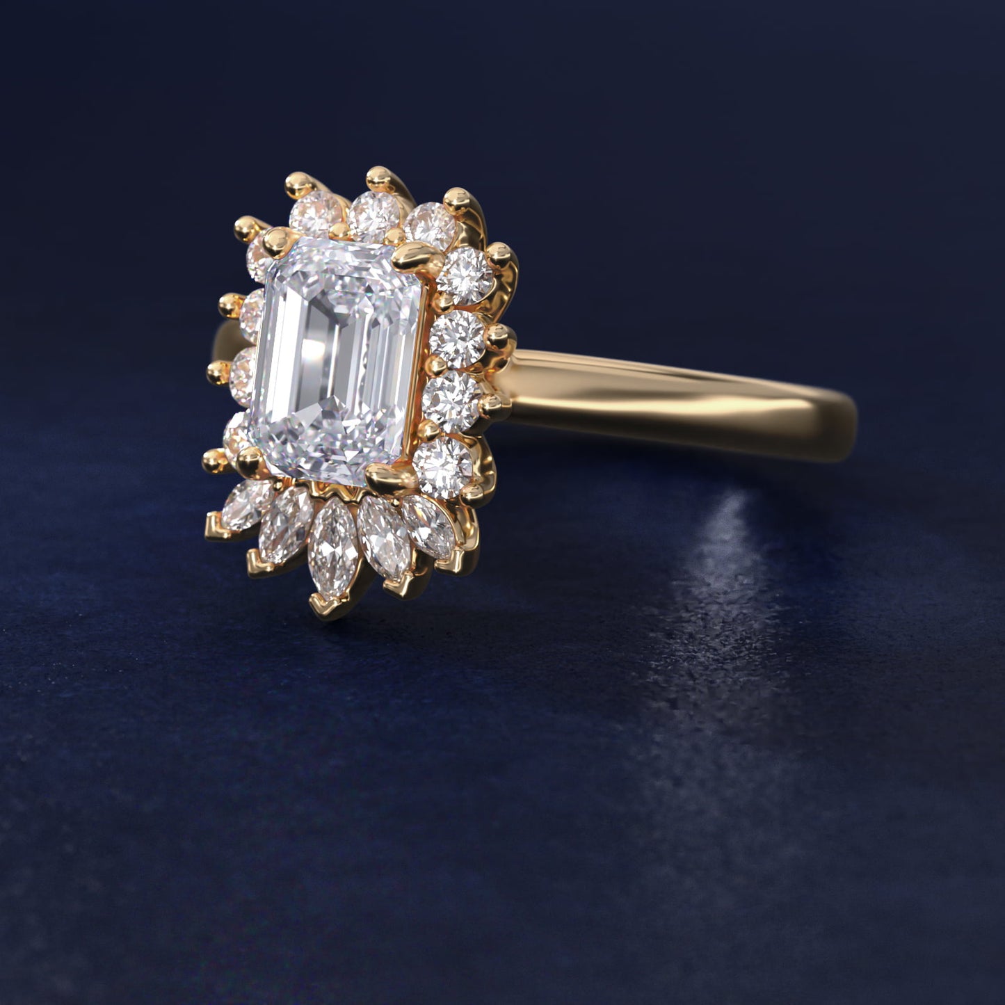 Pear Marquise and Round Ballerina Halo Diamond Engagement Ring in 14k Yellow Gold - Emerald Center