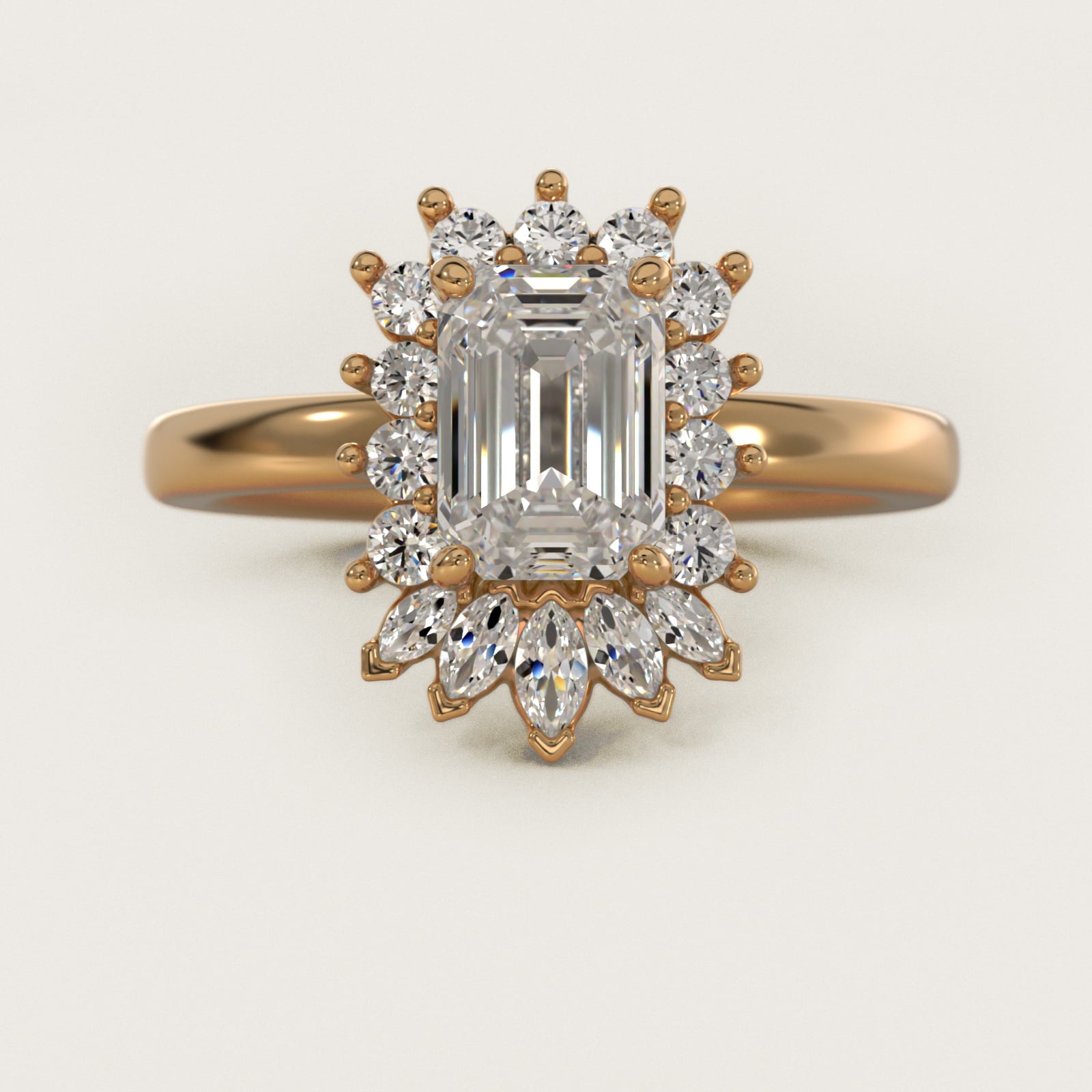 Pear Marquise and Round Ballerina Halo Diamond Engagement Ring in 14k Yellow Gold - Emerald Center