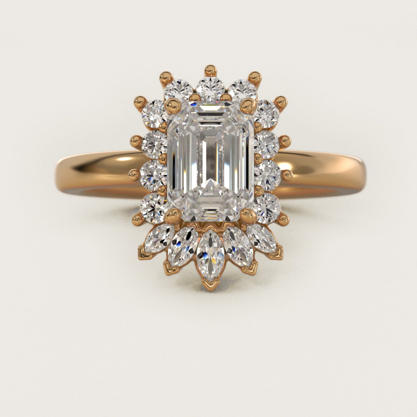 Pear Marquise and Round Ballerina Halo Diamond Engagement Ring in 18k Yellow Gold - Emerald Center