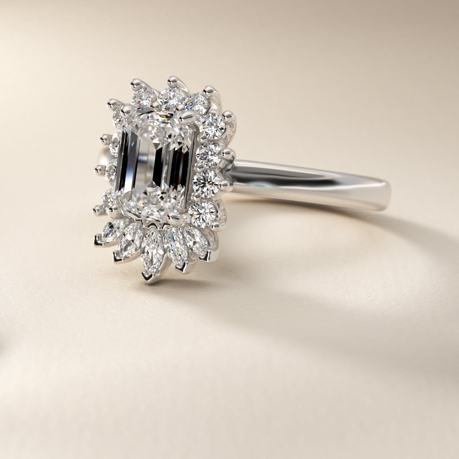 Pear Marquise and Round Ballerina Halo Diamond Engagement Ring in Platinum - Emerald Center