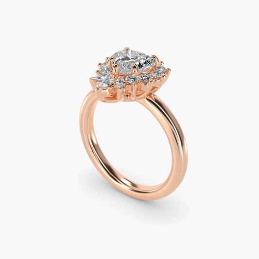 Pear Marquise and Round Ballerina Halo Diamond Engagement Ring in 14k Rose Gold - Heart Center