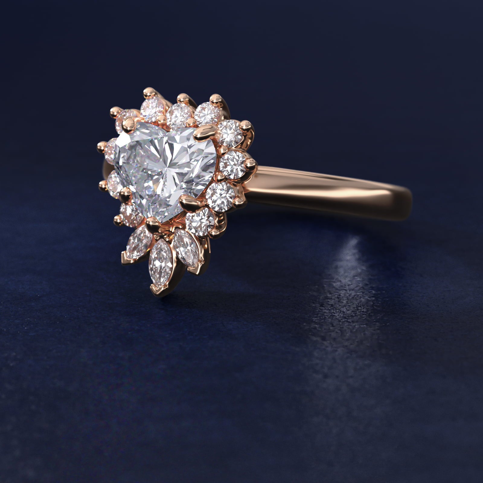 Pear Marquise and Round Ballerina Halo Diamond Engagement Ring in 18k Rose Gold - Heart Center