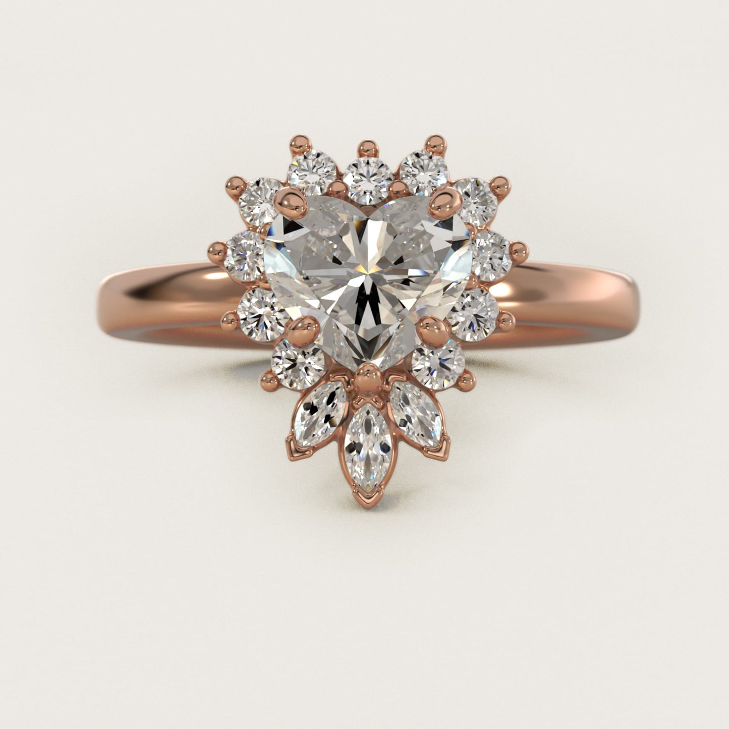 Pear Marquise and Round Ballerina Halo Diamond Engagement Ring in 18k Rose Gold - Heart Center