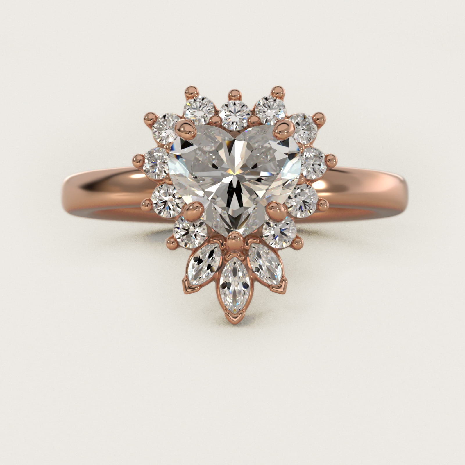 Pear Marquise and Round Ballerina Halo Diamond Engagement Ring in 18k Rose Gold - Heart Center