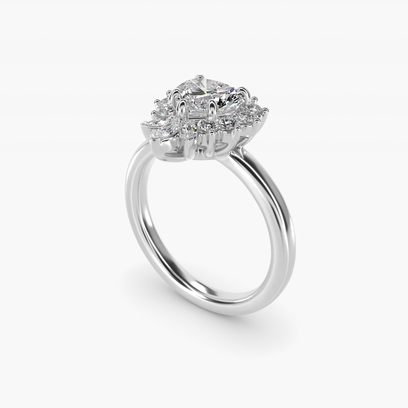 Pear Marquise and Round Ballerina Halo Diamond Engagement Ring in 14k White Gold - Heart Center