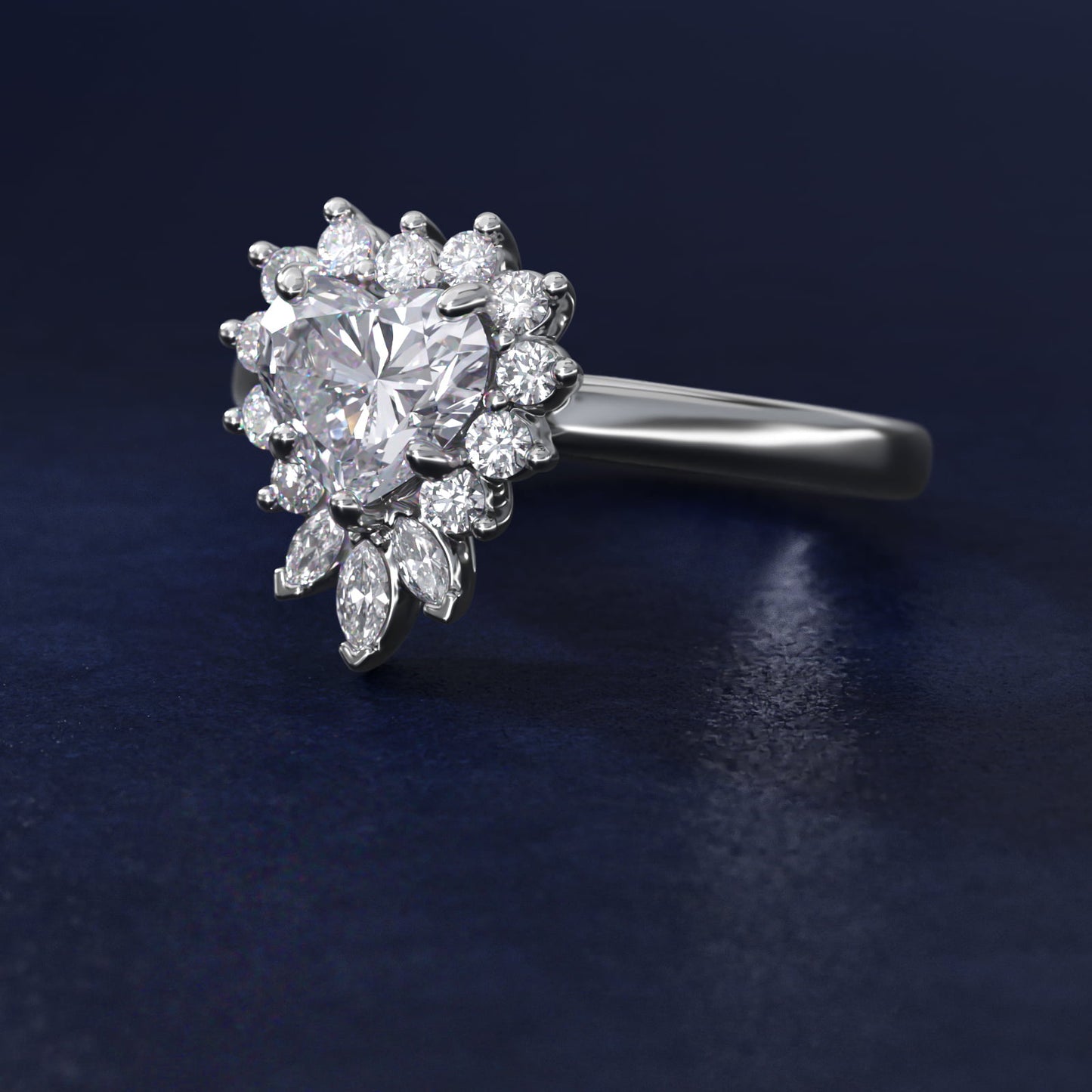 Pear Marquise and Round Ballerina Halo Diamond Engagement Ring in 18k White Gold - Heart Center