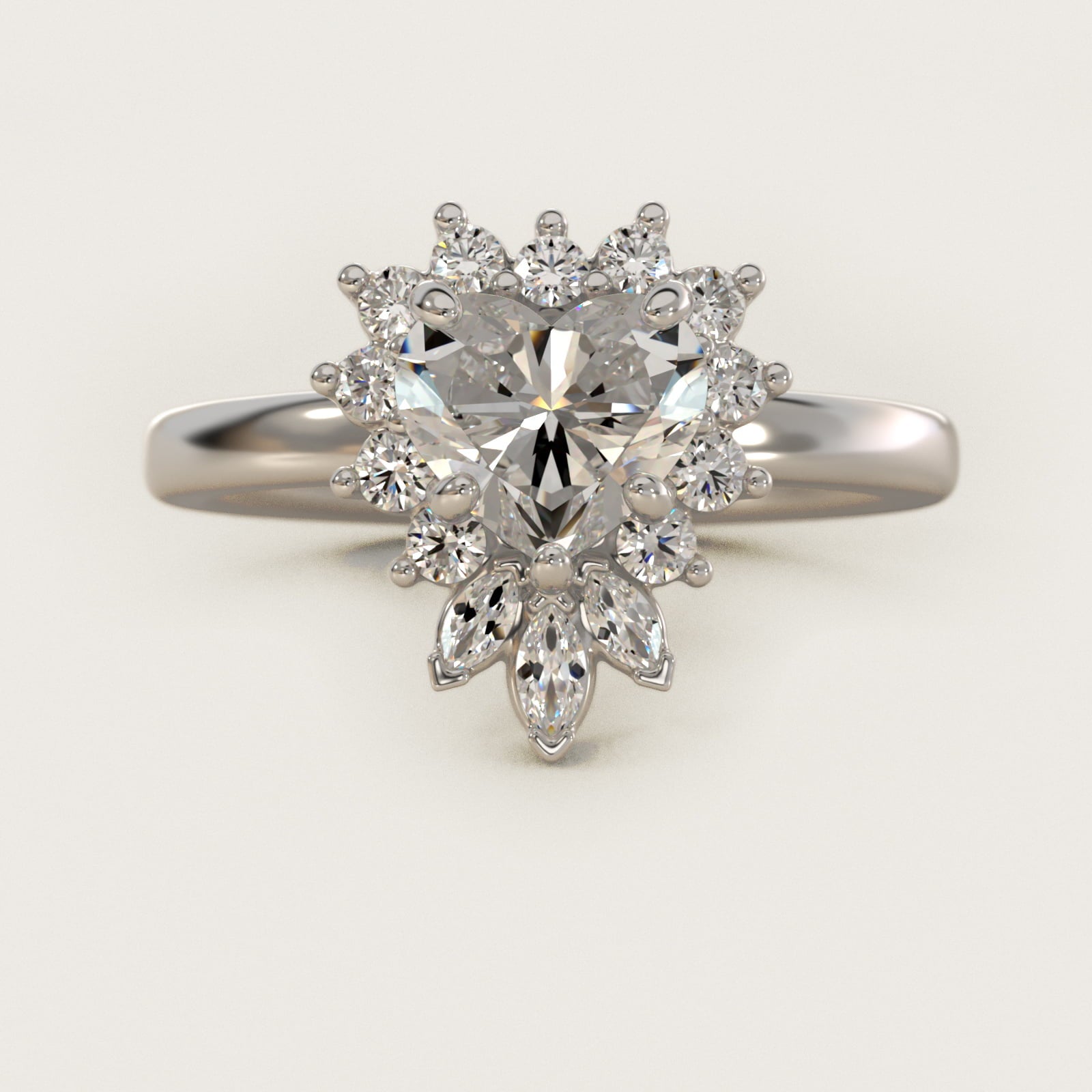 Pear Marquise and Round Ballerina Halo Diamond Engagement Ring in 14k White Gold - Heart Center