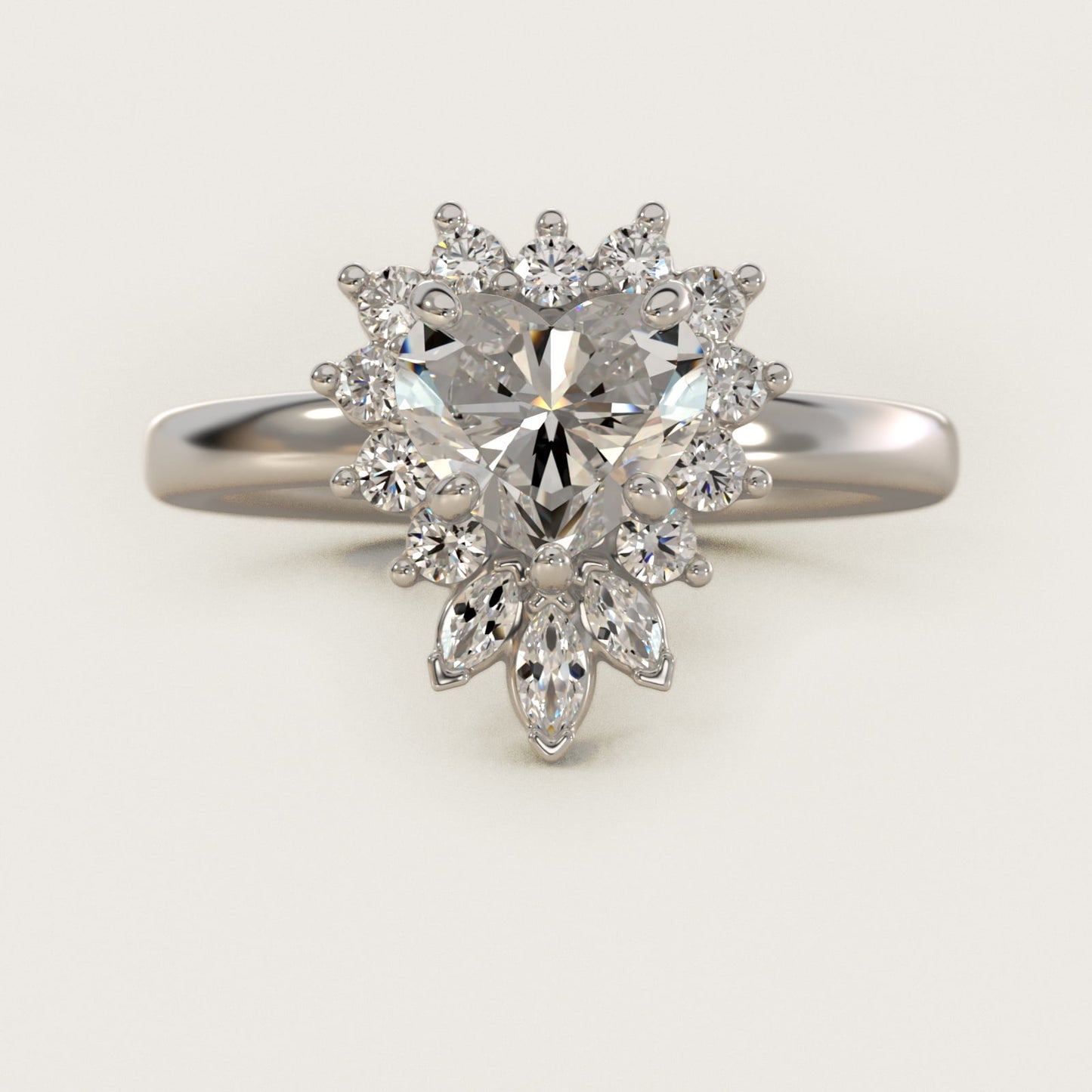 Pear Marquise and Round Ballerina Halo Diamond Engagement Ring in 18k White Gold - Heart Center
