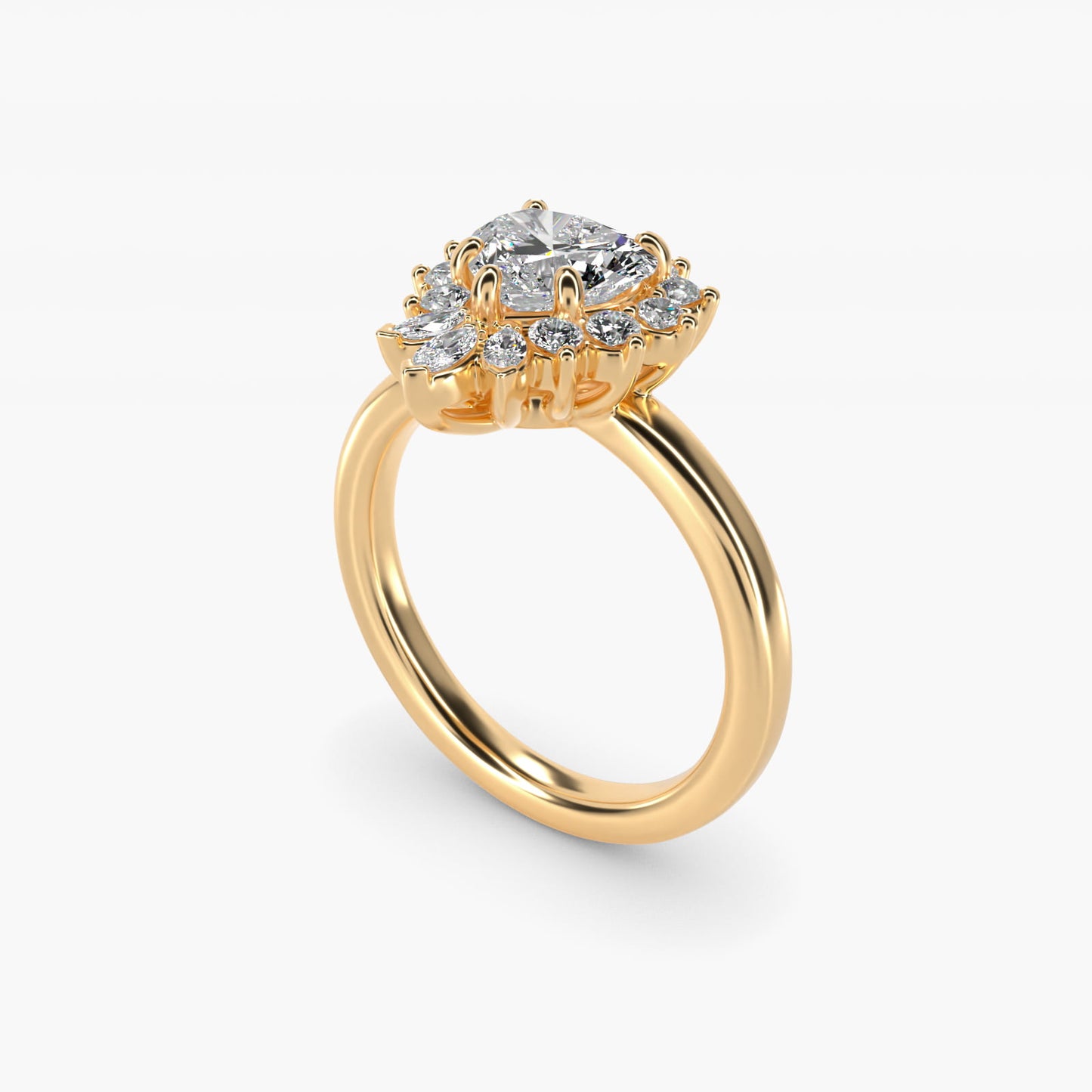 Pear Marquise and Round Ballerina Halo Diamond Engagement Ring in 14k Yellow Gold - Heart Center