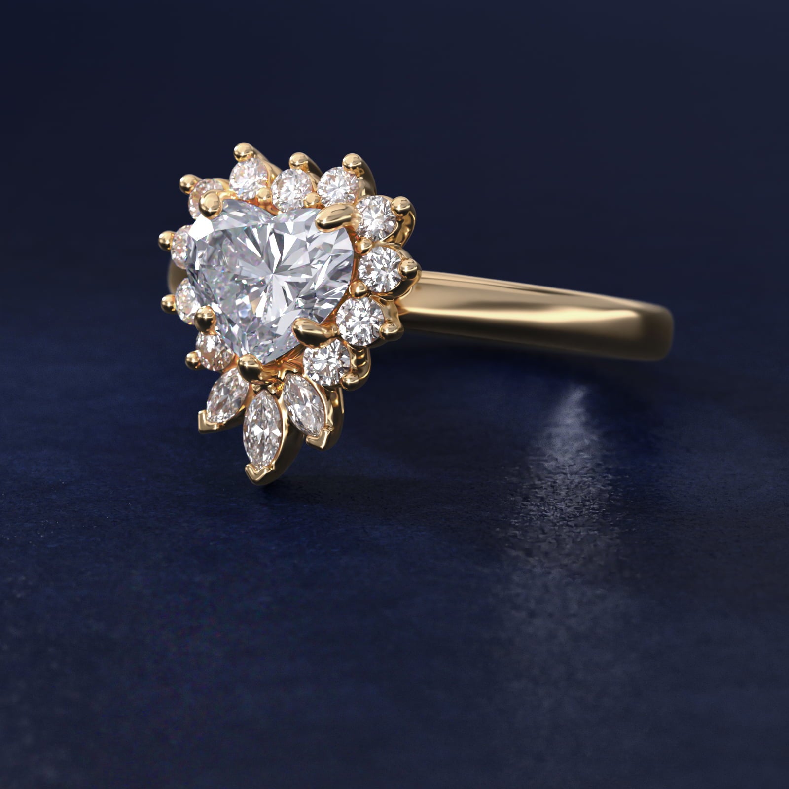 Pear Marquise and Round Ballerina Halo Diamond Engagement Ring in 14k Yellow Gold - Heart Center