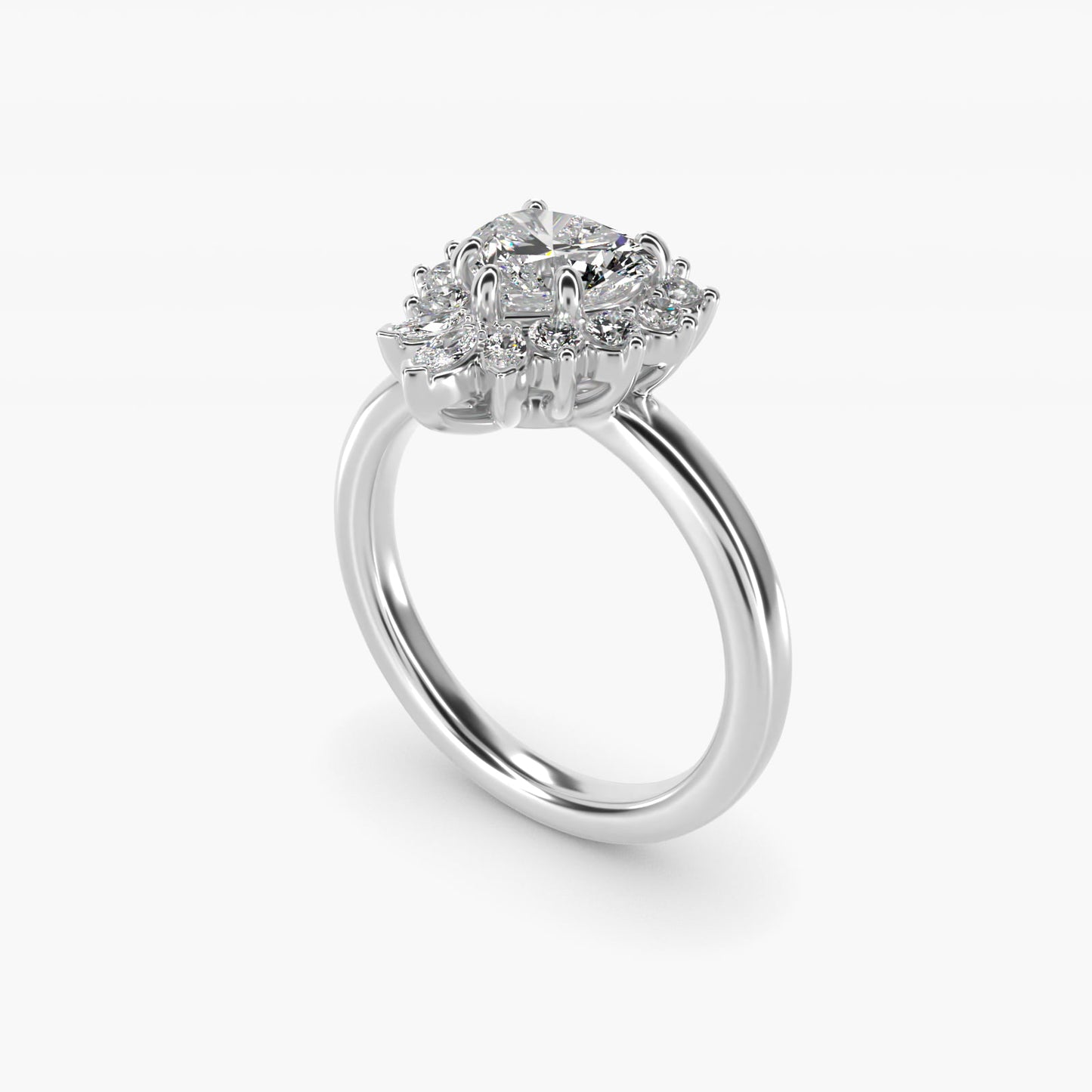 Pear Marquise and Round Ballerina Halo Diamond Engagement Ring in Platinum - Heart Center