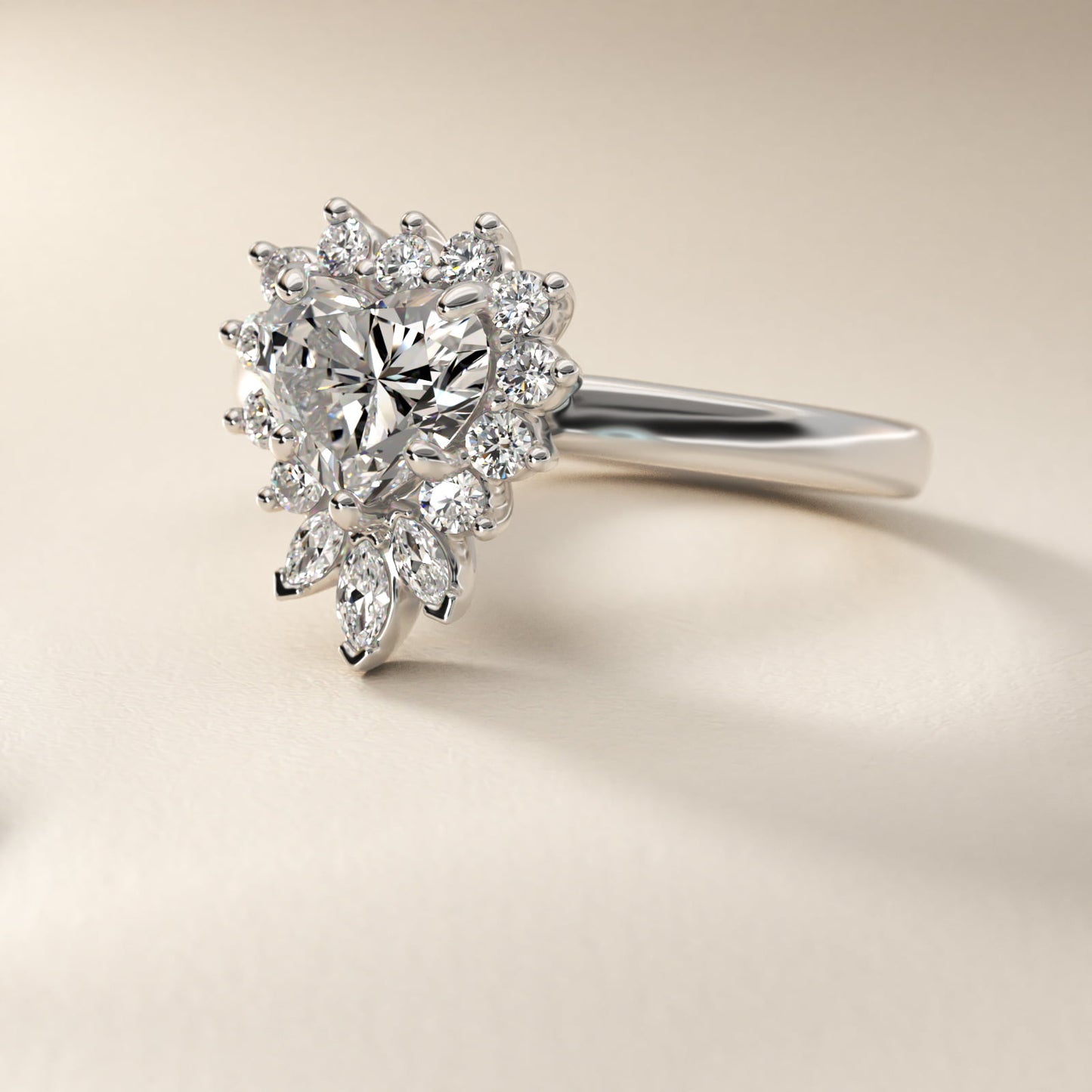 Pear Marquise and Round Ballerina Halo Diamond Engagement Ring in Platinum - Heart Center