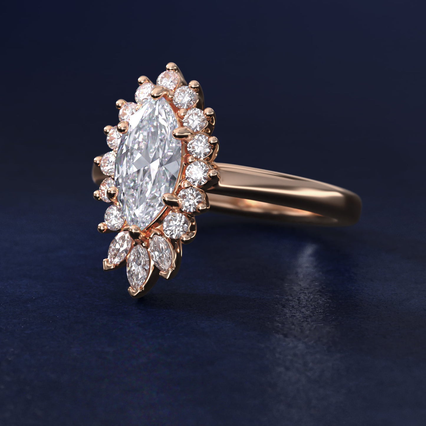 Pear Marquise and Round Ballerina Halo Diamond Engagement Ring in 14k Rose Gold - Marquise Center