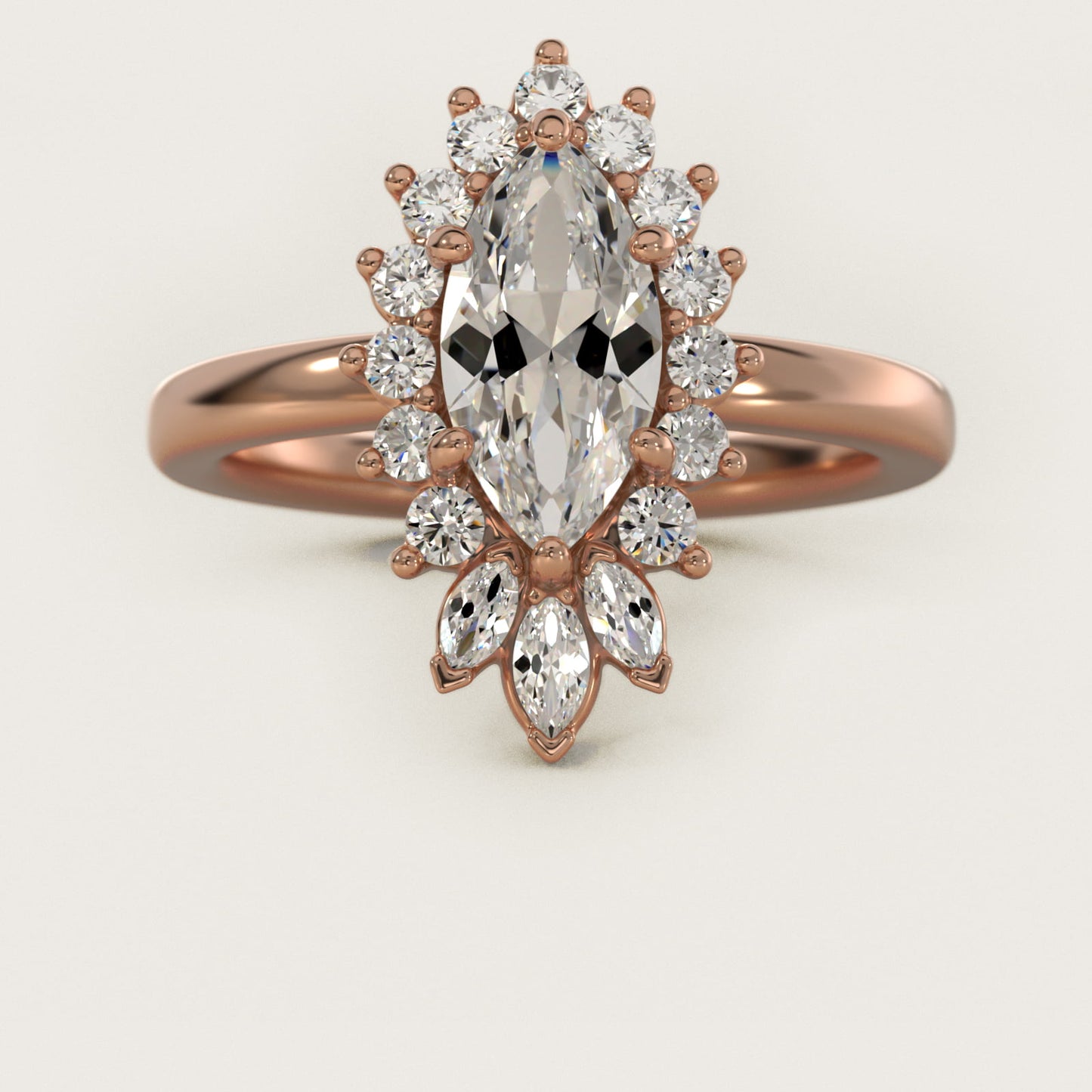 Pear Marquise and Round Ballerina Halo Diamond Engagement Ring in 18k Rose Gold - Marquise Center