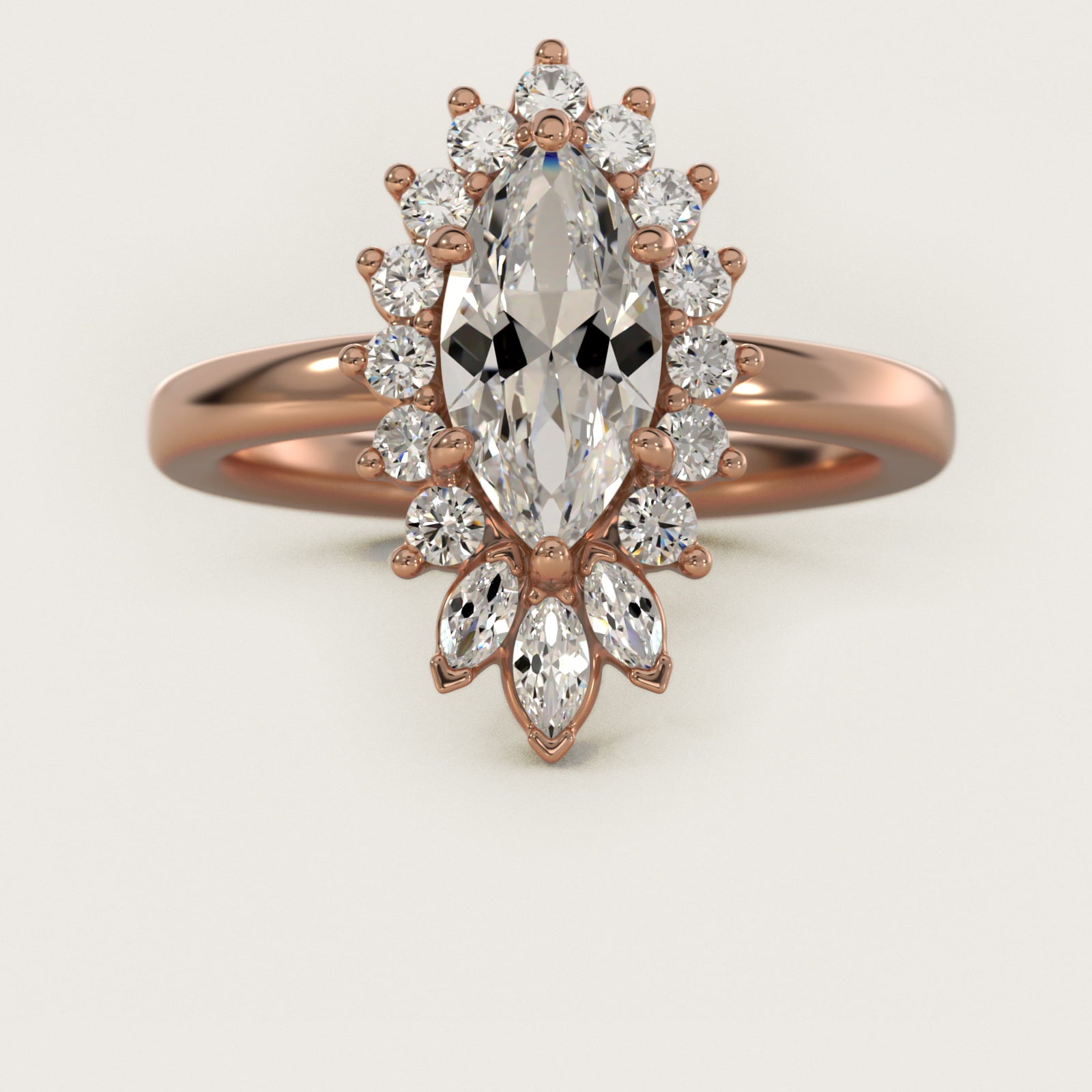Pear Marquise and Round Ballerina Halo Diamond Engagement Ring in 18k Rose Gold - Marquise Center
