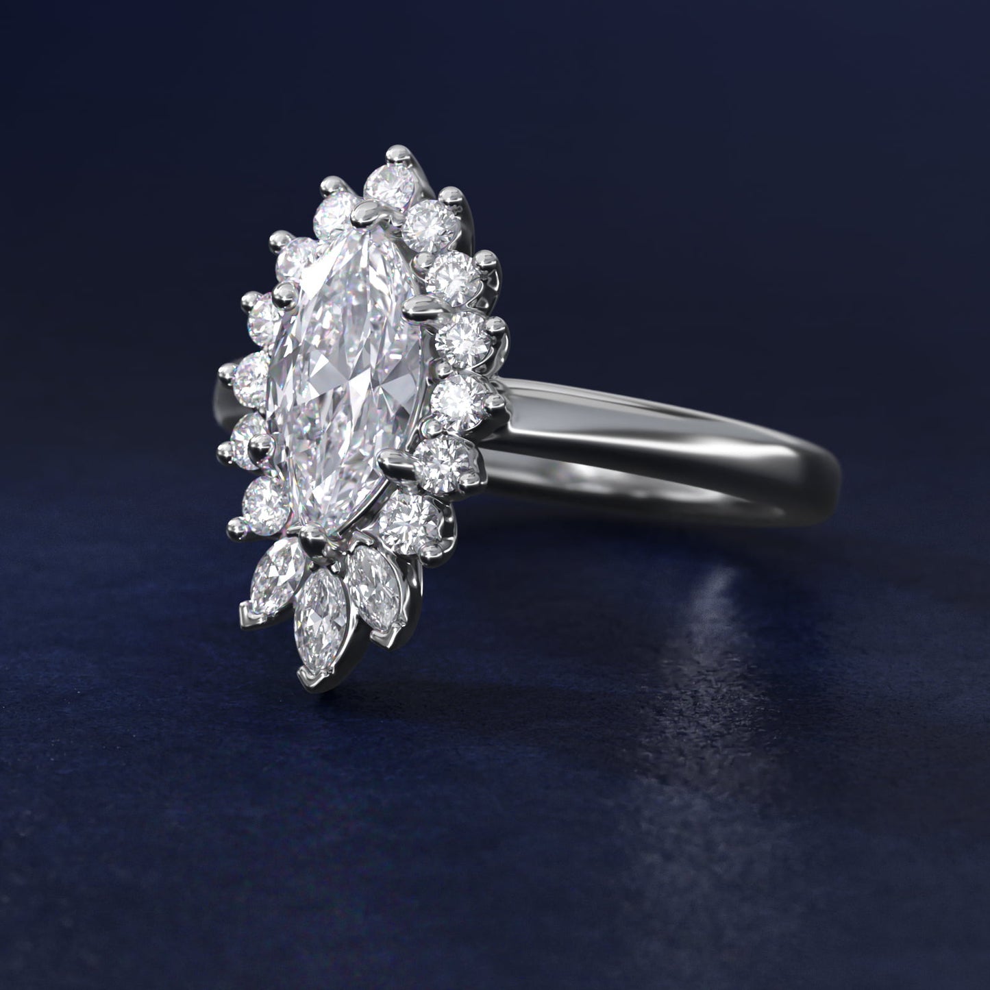 Pear Marquise and Round Ballerina Halo Diamond Engagement Ring in 18k White Gold - Marquise Center