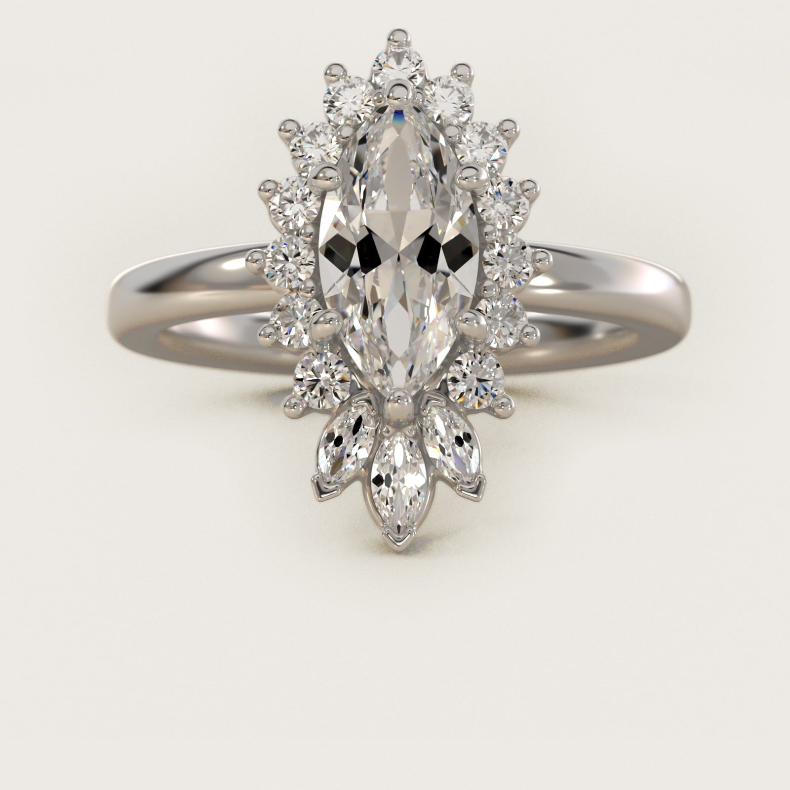 Pear Marquise and Round Ballerina Halo Diamond Engagement Ring in 14k White Gold - Marquise Center