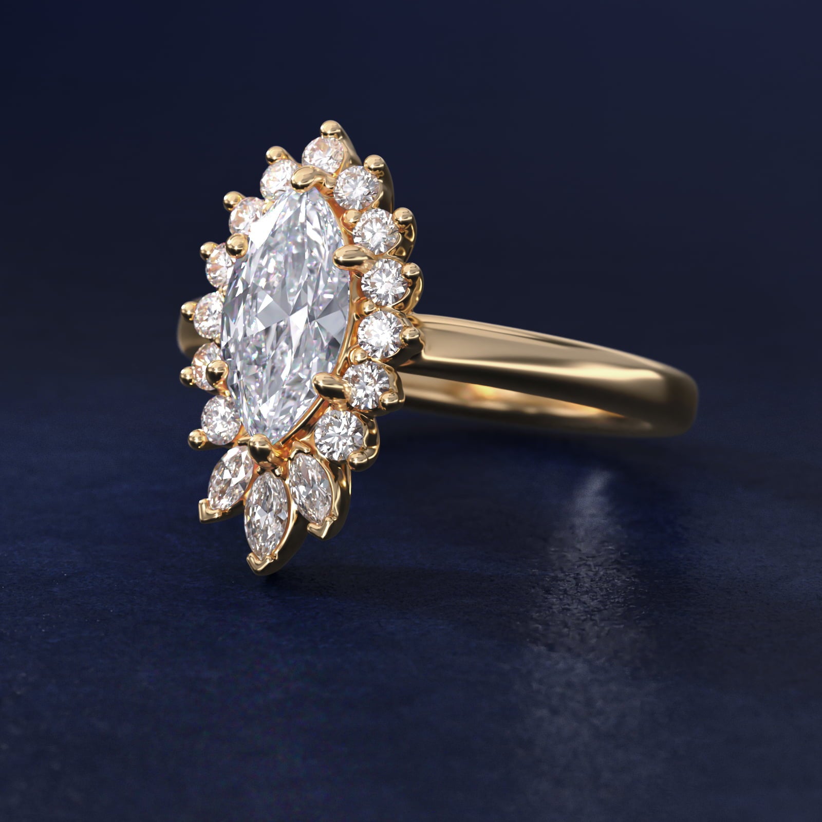 Pear Marquise and Round Ballerina Halo Diamond Engagement Ring in 14k Yellow Gold - Marquise Center