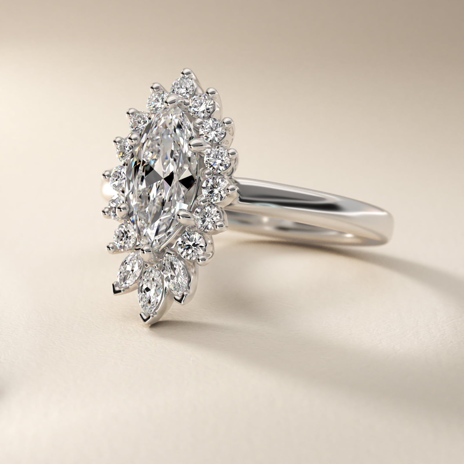 Pear Marquise and Round Ballerina Halo Diamond Engagement Ring in Platinum - Marquise Center
