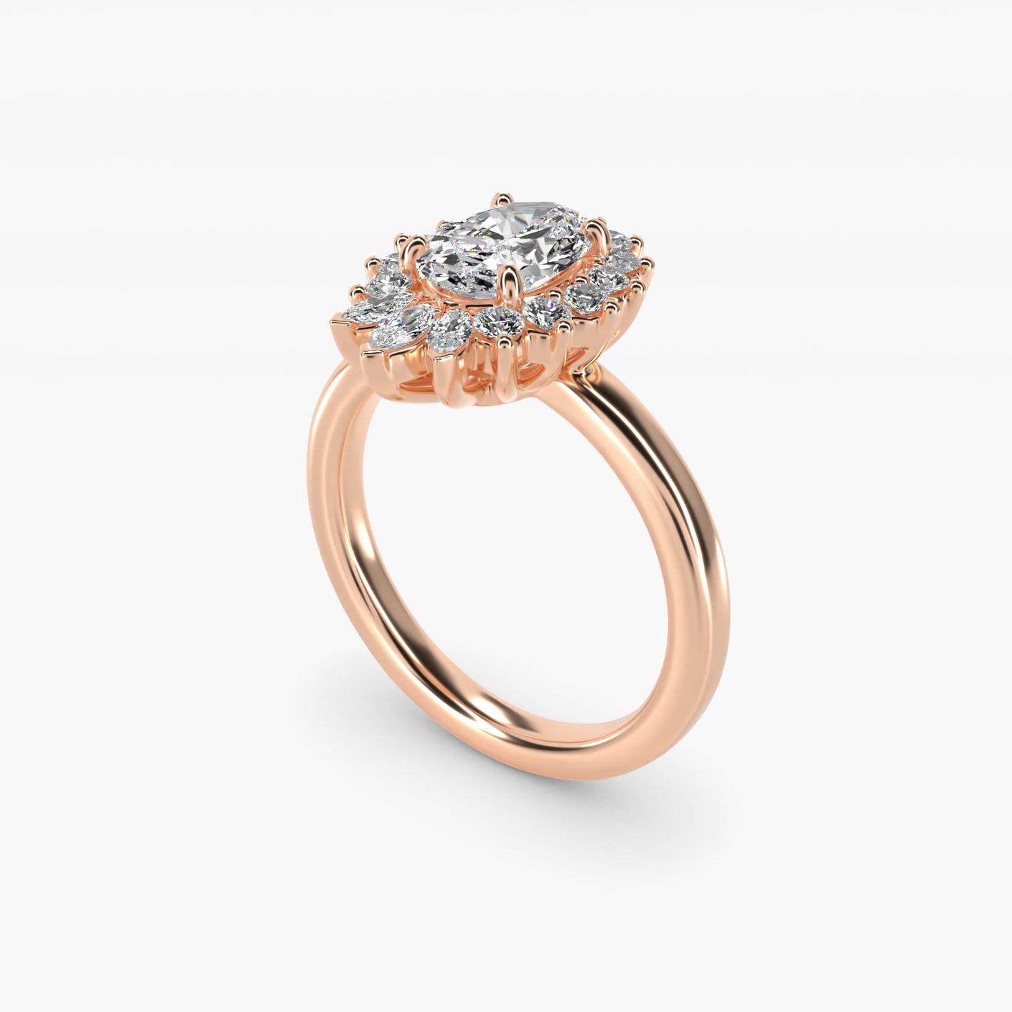 Pear Marquise and Round Ballerina Halo Diamond Engagement Ring in 14k Rose Gold - Oval Center
