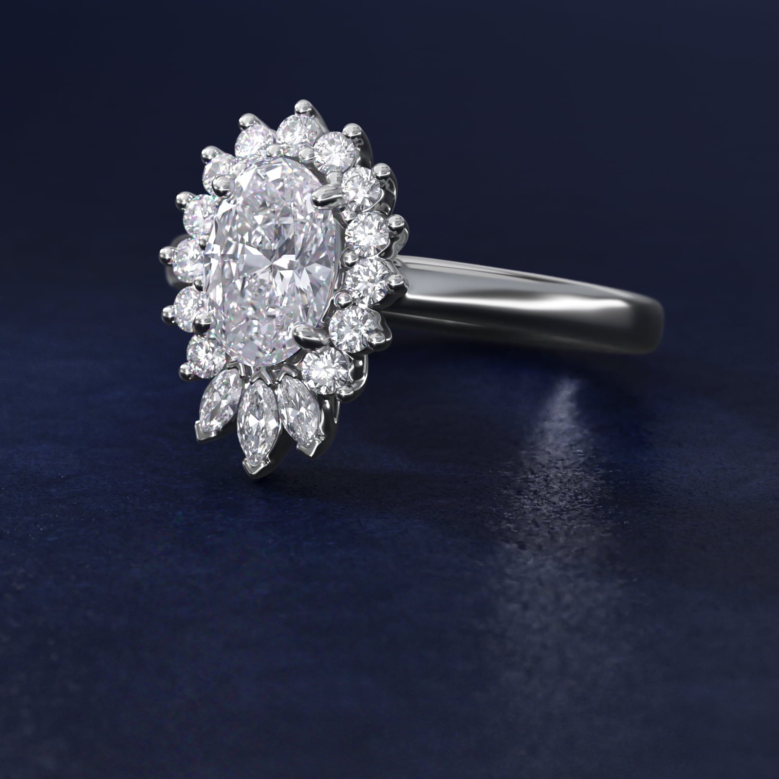 Pear Marquise and Round Ballerina Halo Diamond Engagement Ring in 18k White Gold - Oval Center
