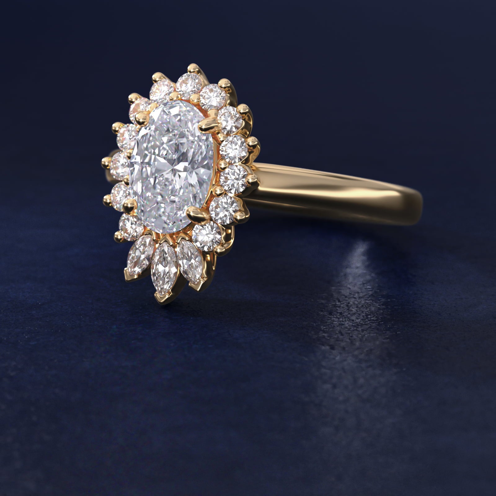Pear Marquise and Round Ballerina Halo Diamond Engagement Ring in 18k Yellow Gold - Oval Center