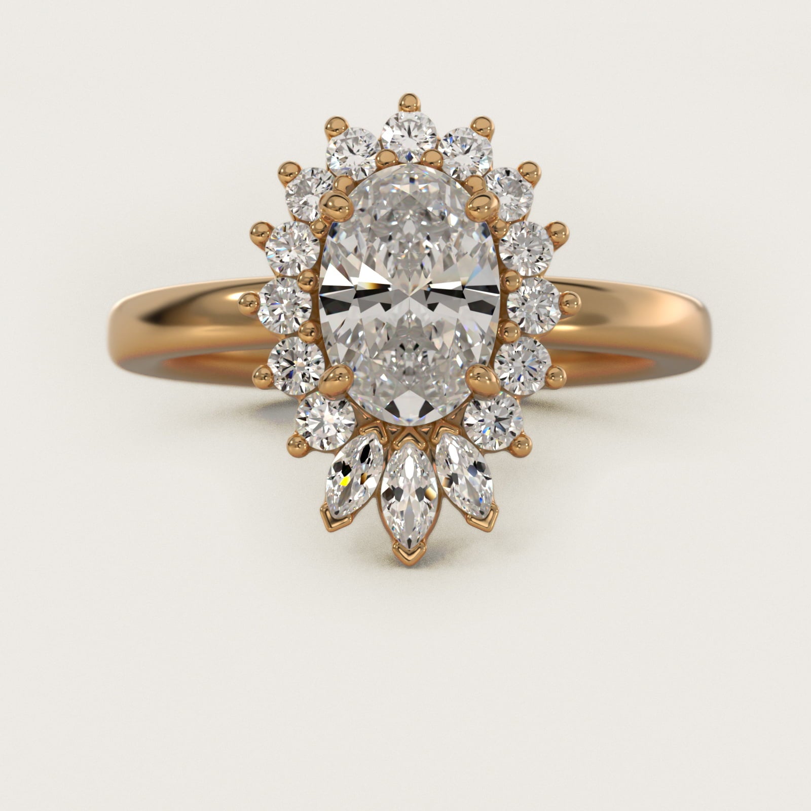 Pear Marquise and Round Ballerina Halo Diamond Engagement Ring in 14k Yellow Gold - Oval Center