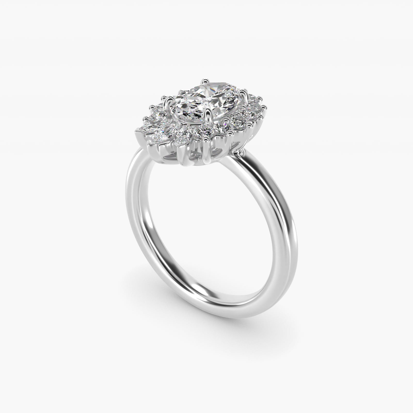 Pear Marquise and Round Ballerina Halo Diamond Engagement Ring in Platinum - Oval Center