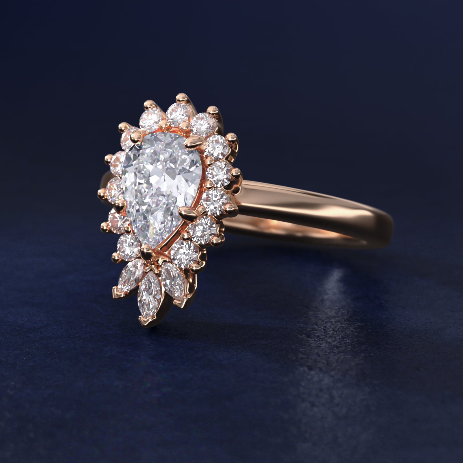 Pear Marquise and Round Ballerina Halo Diamond Engagement Ring in 14k Rose Gold - Pear Center