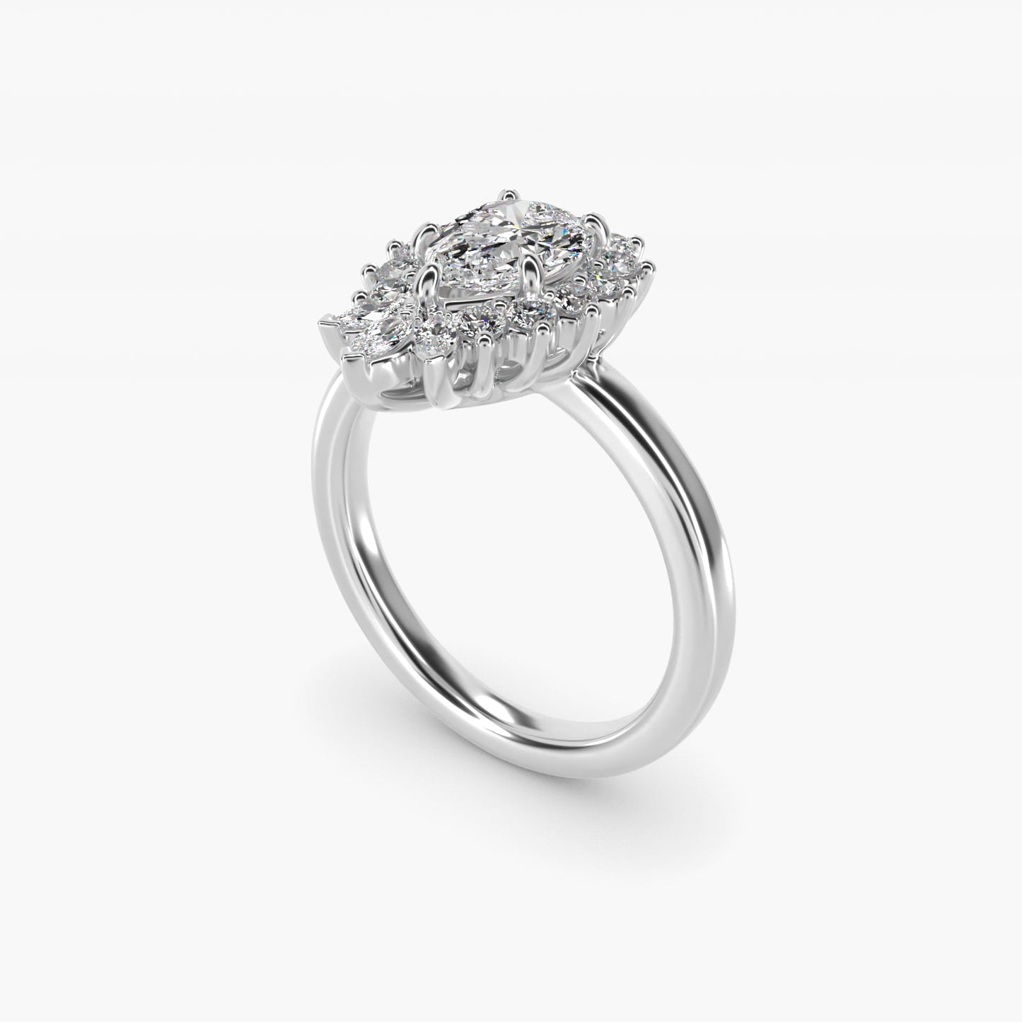Pear Marquise and Round Ballerina Halo Diamond Engagement Ring in 18k White Gold - Pear Center