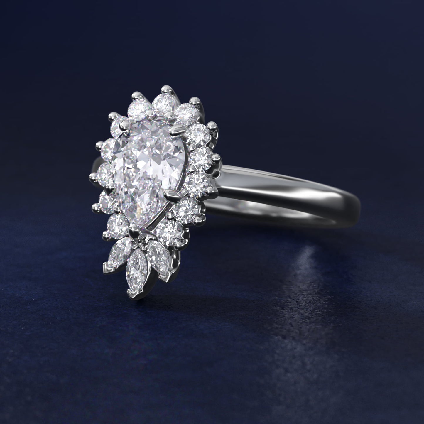 Pear Marquise and Round Ballerina Halo Diamond Engagement Ring in 14k White Gold - Pear Center