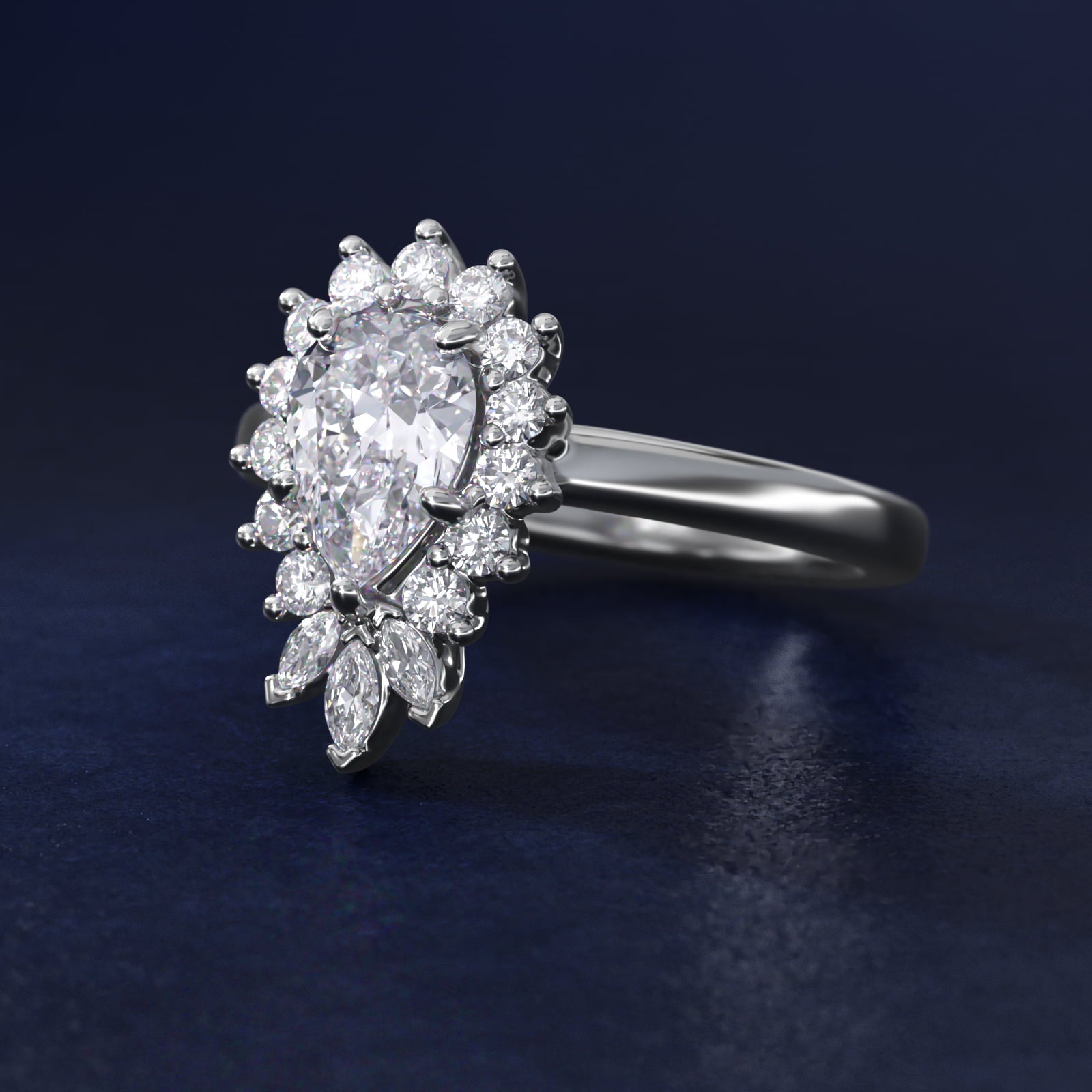 Pear Marquise and Round Ballerina Halo Diamond Engagement Ring in 18k White Gold - Pear Center