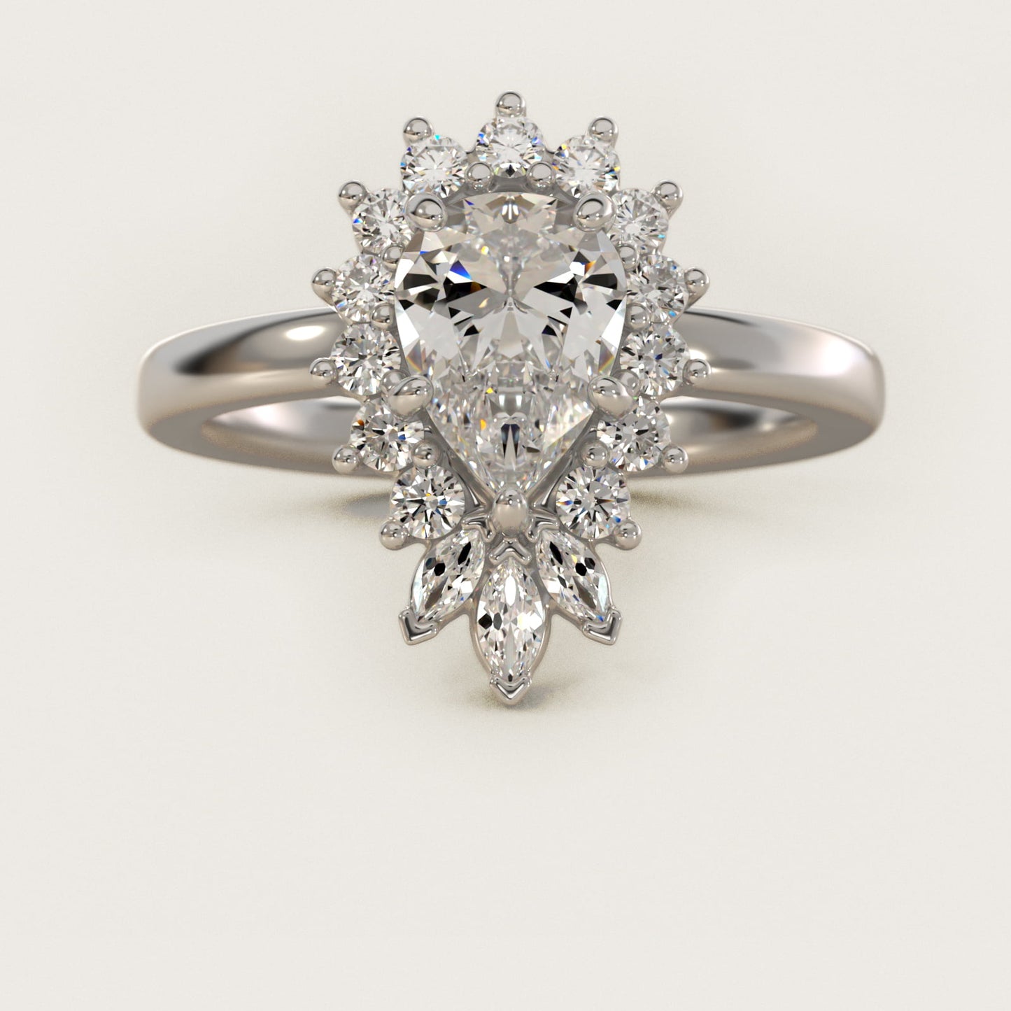 Pear Marquise and Round Ballerina Halo Diamond Engagement Ring in 14k White Gold - Pear Center