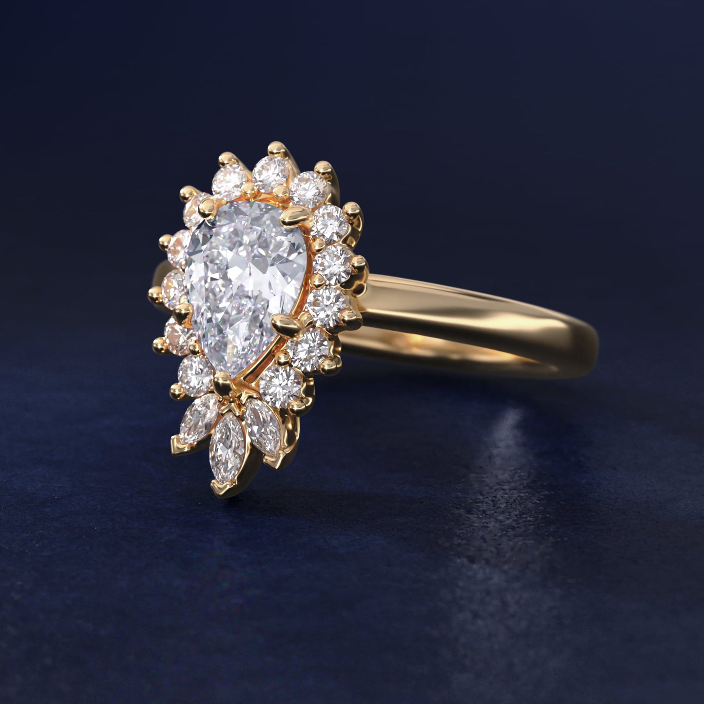 Pear Marquise and Round Ballerina Halo Diamond Engagement Ring in 18k Yellow Gold - Pear Center