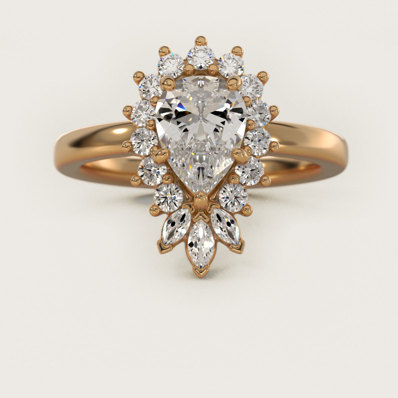 Pear Marquise and Round Ballerina Halo Diamond Engagement Ring in 18k Yellow Gold - Pear Center