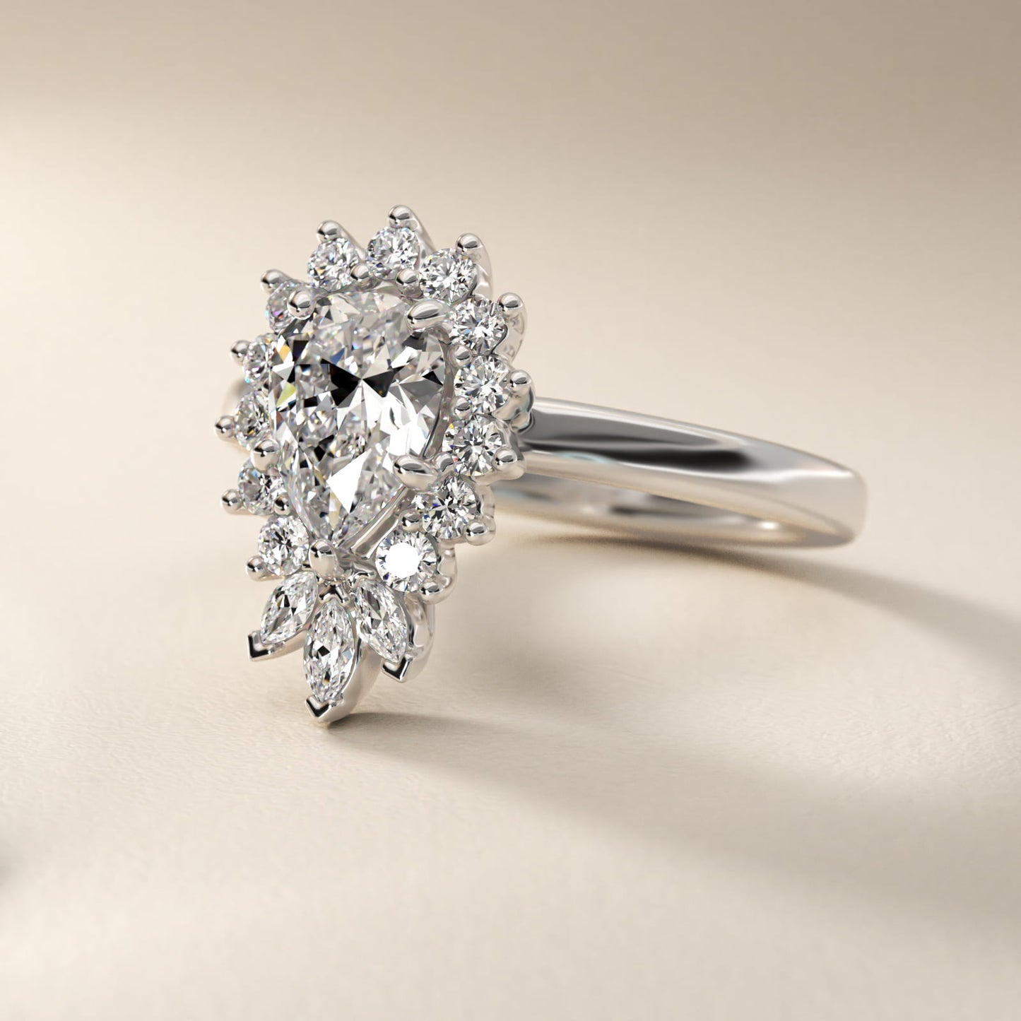 Pear Marquise and Round Ballerina Halo Diamond Engagement Ring in Platinum - Pear Center
